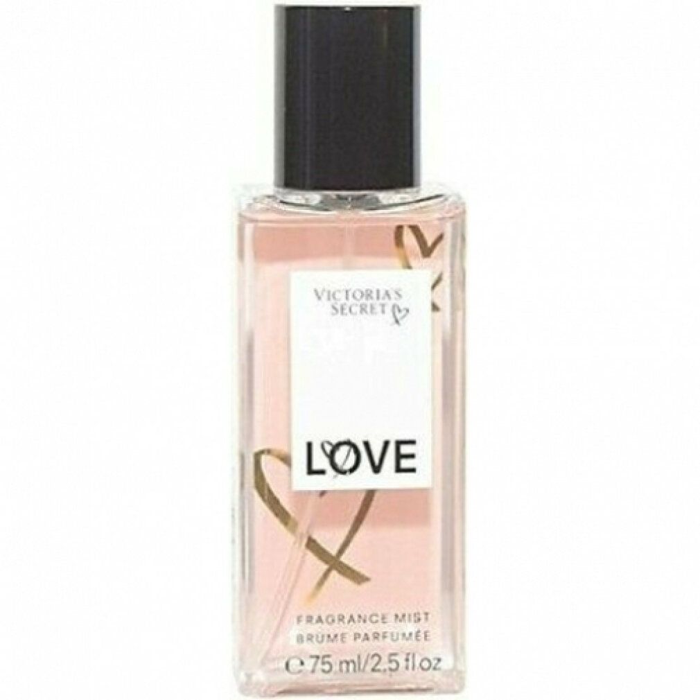 Rechteckige Flasche mit schwarzem Deckel. Aufschrift "Victoria's Secret LOVE". Goldene Herz-Grafik. "Fragrance Mist" und Volumenangabe.