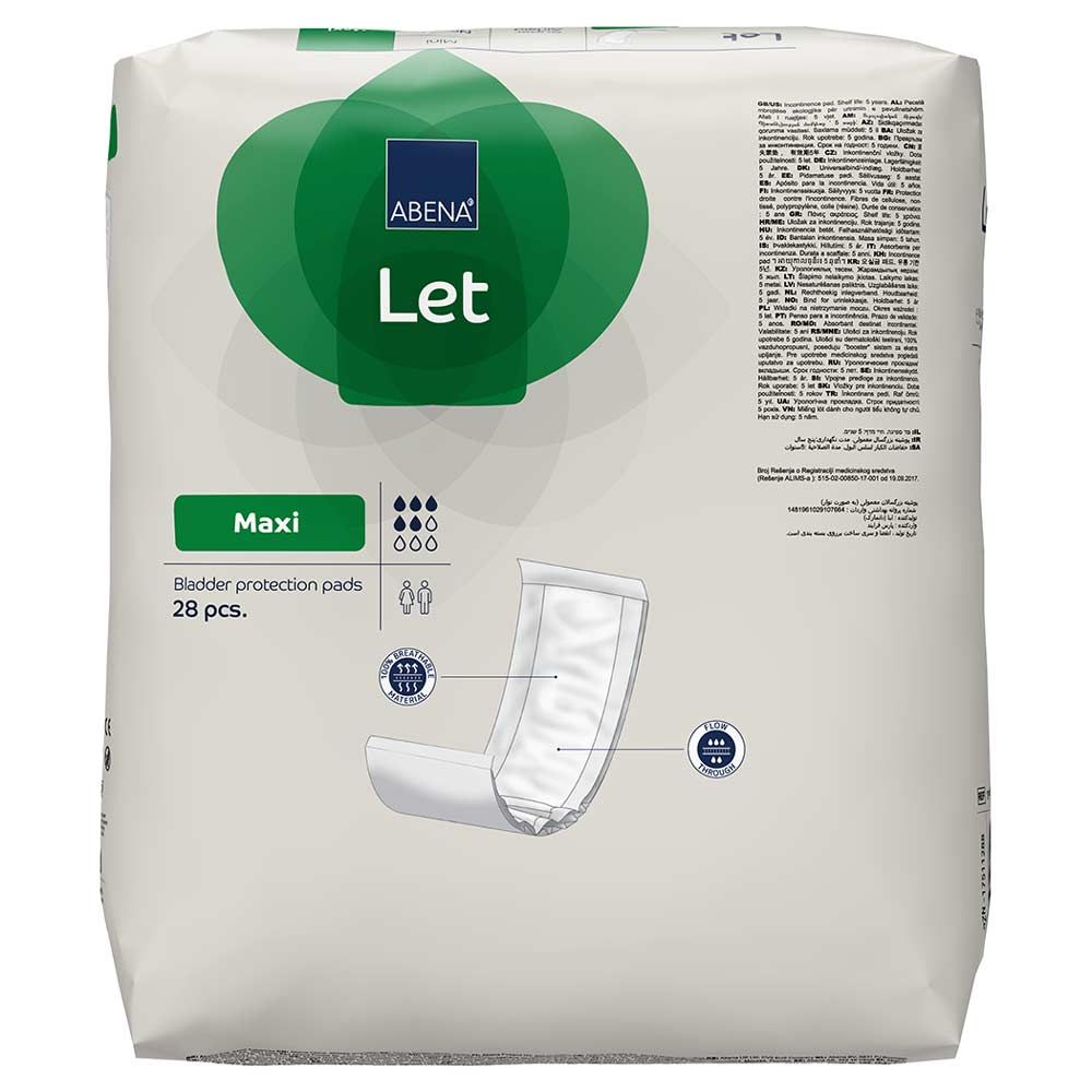 Verpackung Abena Let Maxi Inkontinenzeinlagen. Grün-weißes Design mit Produktname und Absorptionsgrad-Symbolen. 28 Stück. Details.