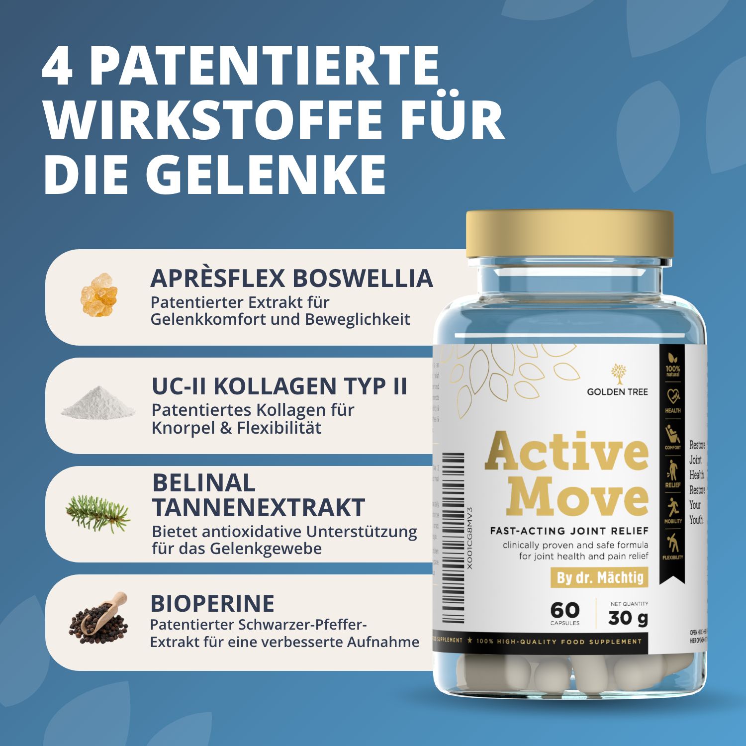 Flasche Golden Tree Active Move mit 4 patentierten Wirkstoffen für die Gelenke.
