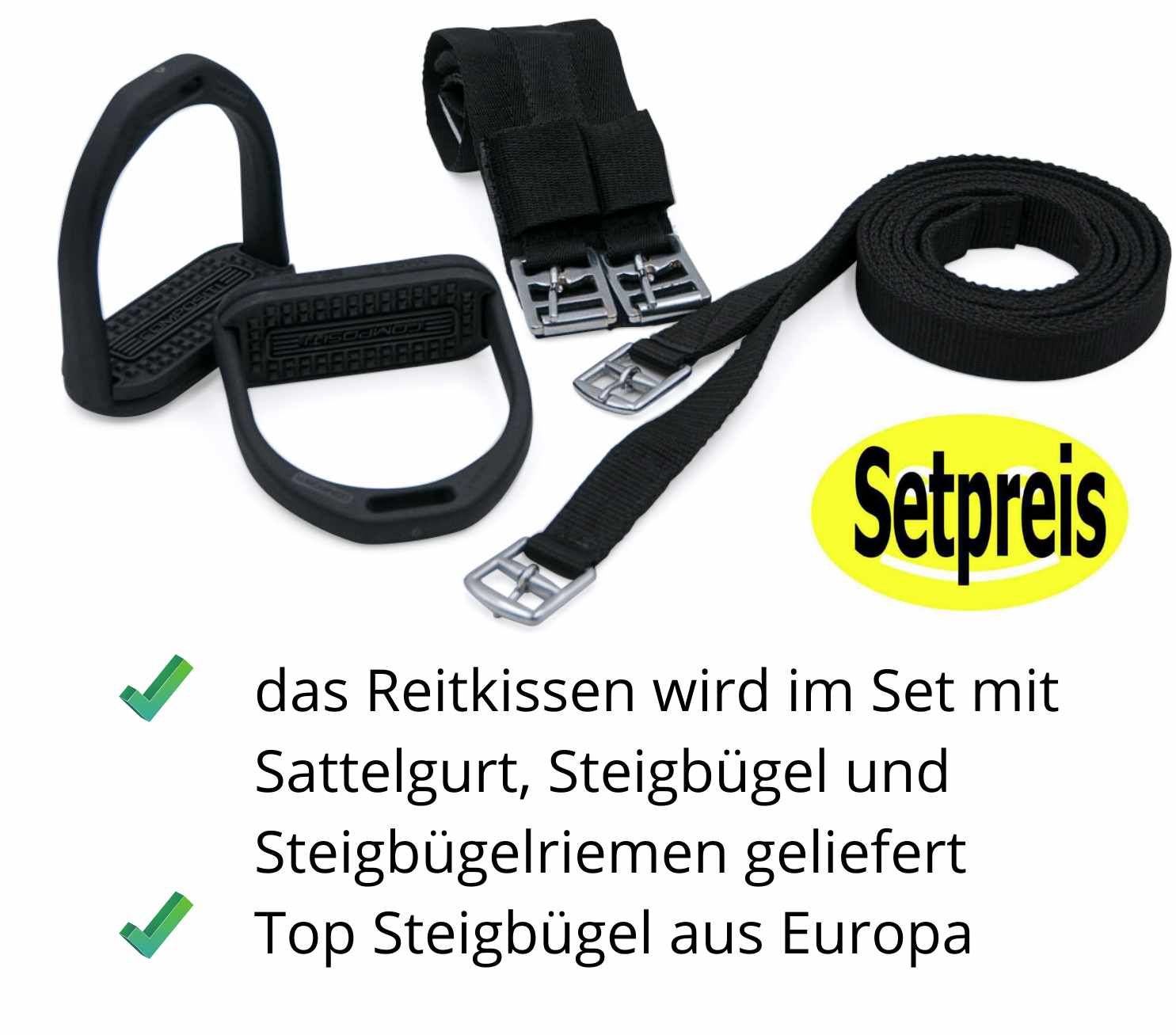 Set mit Reitkissen, Sattelgurt, Steigbügeln und Steigbügelriemen. Top Steigbügel aus Europa.