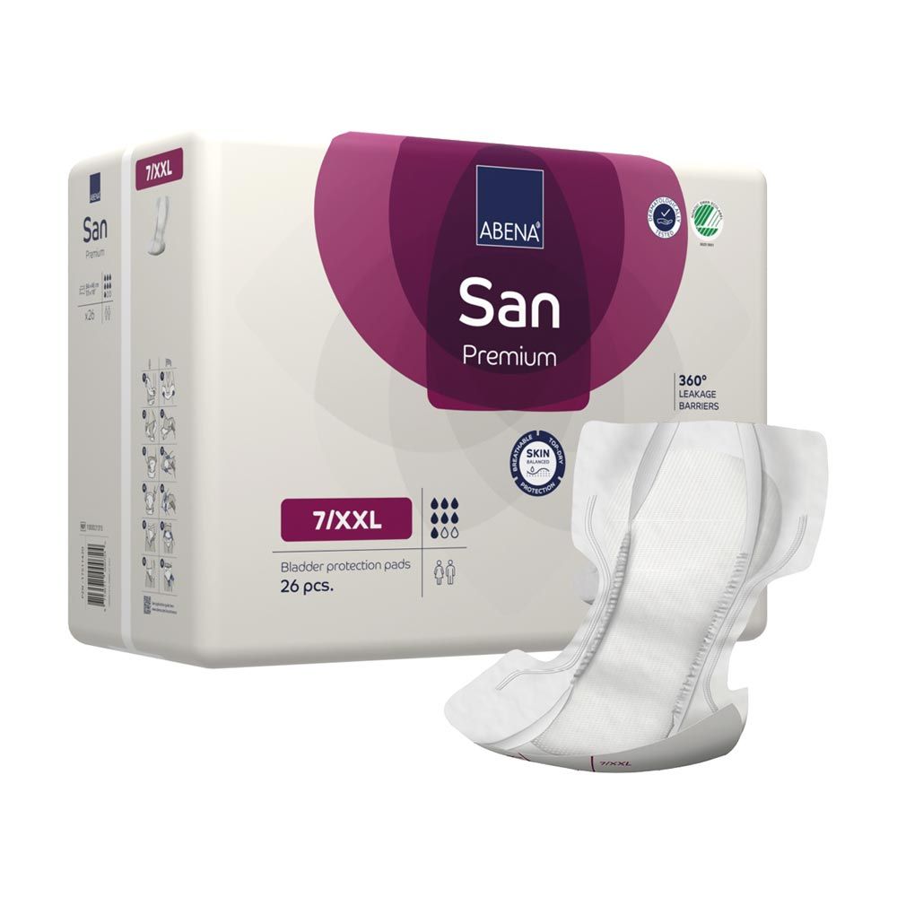 Packung ABENA San Premium Vorlagen. Aufdrucke: San, Premium, 7/XXL, 26 Stück, Skin Protection. Vorlage daneben.