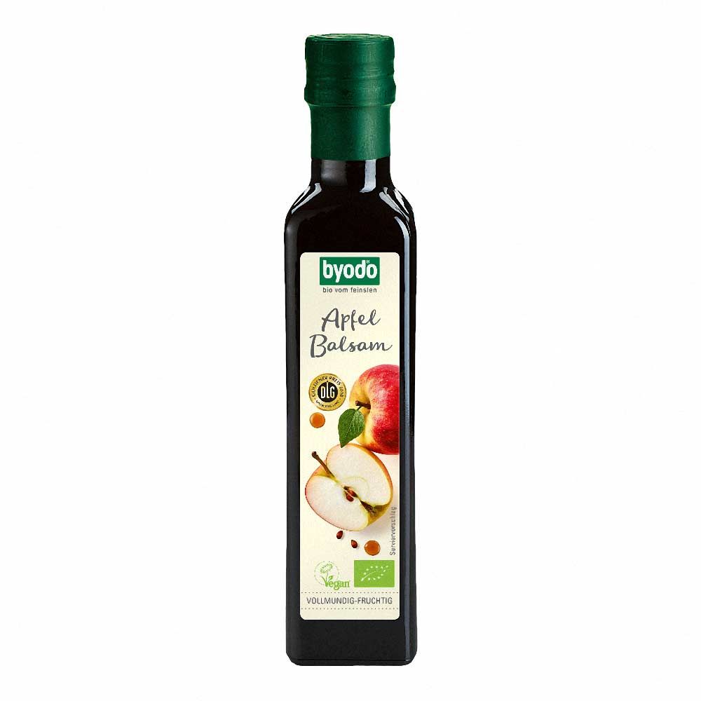 Dunkle Glasflasche mit grünem Verschluss. Etikett mit Apfel-Illustration und Schriftzug "Apfel Balsam". Vegan-Siegel.