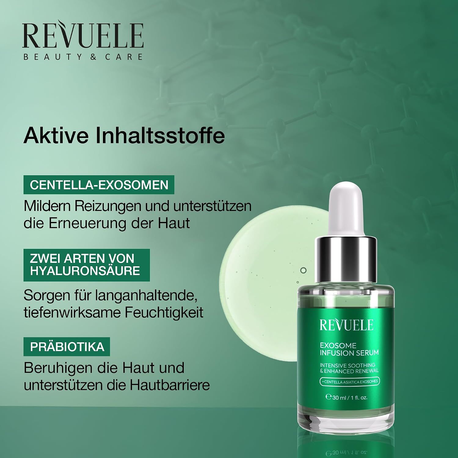 Revuele Exosome Infusion Serum: Aktive Inhaltsstoffe und Produktflasche.