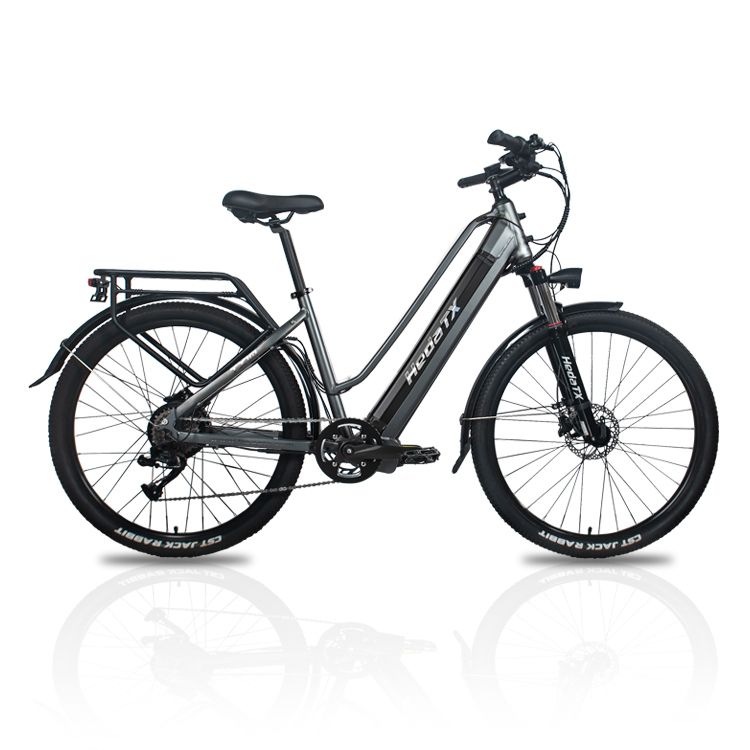 Graues E-Bike mit schwarzem Rahmen. 'Hedatx' Schriftzug auf dem Rahmen. Gepäckträger und Schutzbleche.