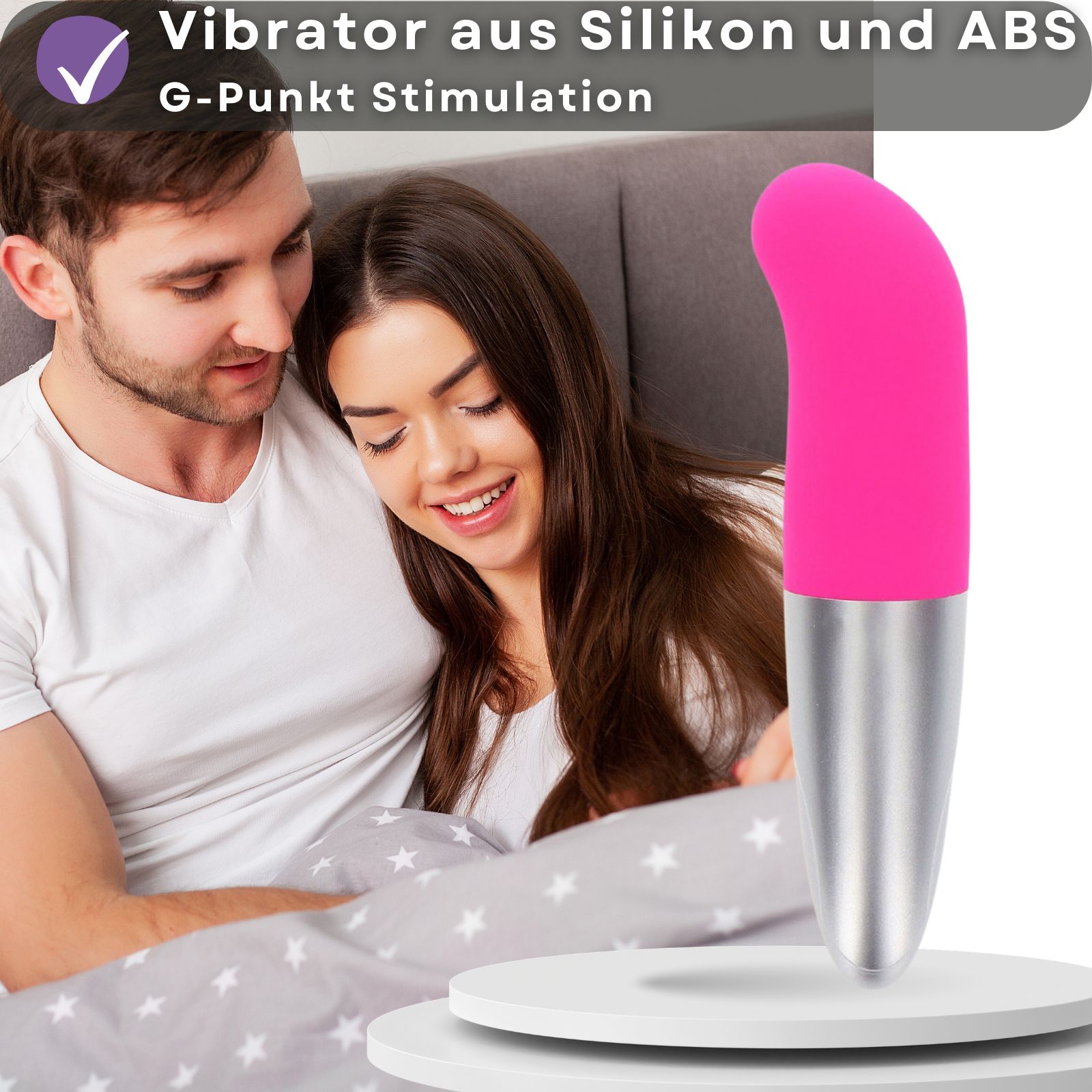 Pinkfarbener Vibrator mit silberfarbenem Schaft. Aus Silikon und ABS-Kunststoff. G-Punkt Stimulation.