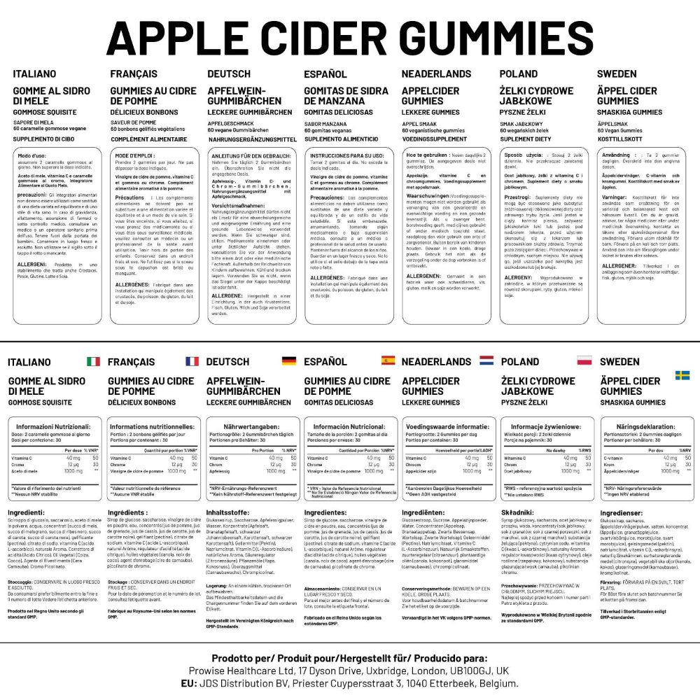 Mehrsprachige Produktinformationen. Übersetzungen für „Apple Cider Gummies“ in verschiedenen Sprachen. Tabellen mit Inhaltsstoffen.