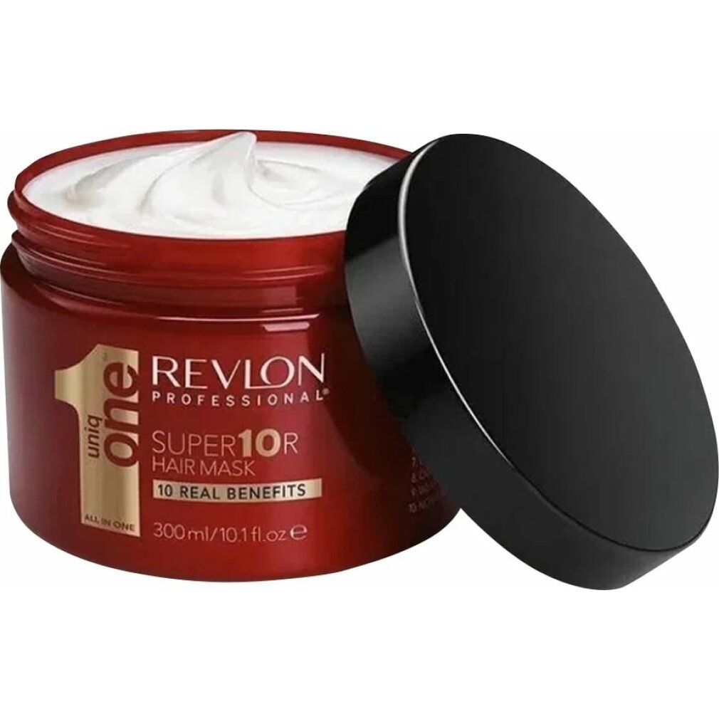 Rote Dose mit schwarzem Deckel. Aufschrift: Revlon Professional, Super10R Hair Mask. 300ml/10.1 Fl.Oz.e. Deckel daneben.