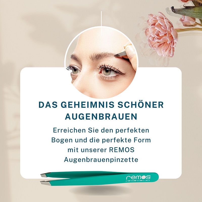 Türkisfarbene REMOS Augenbrauenpinzette. Text: Das Geheimnis schöner Augenbrauen. Frau zupft Augenbrauen.