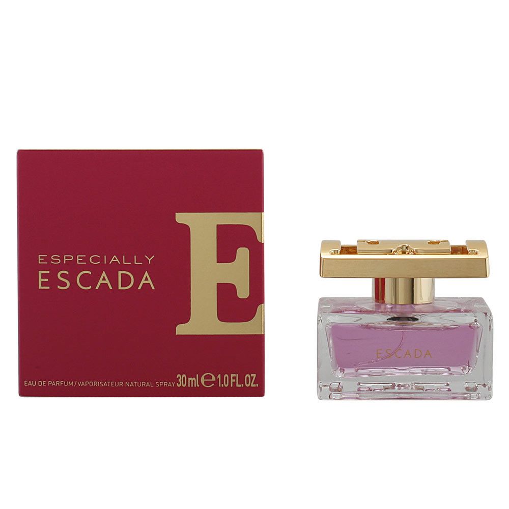 Flakon und Verpackung von Escada, Especially EdP Nat. Spray. Flakon rechteckig, rosa Flüssigkeit, goldener Verschluss. Verpackung rot.