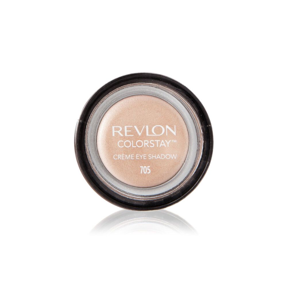 Runder Lidschatten-Tiegel, cremefarben. Aufschrift: Revlon Colorstay Crème Eye Shadow 705.