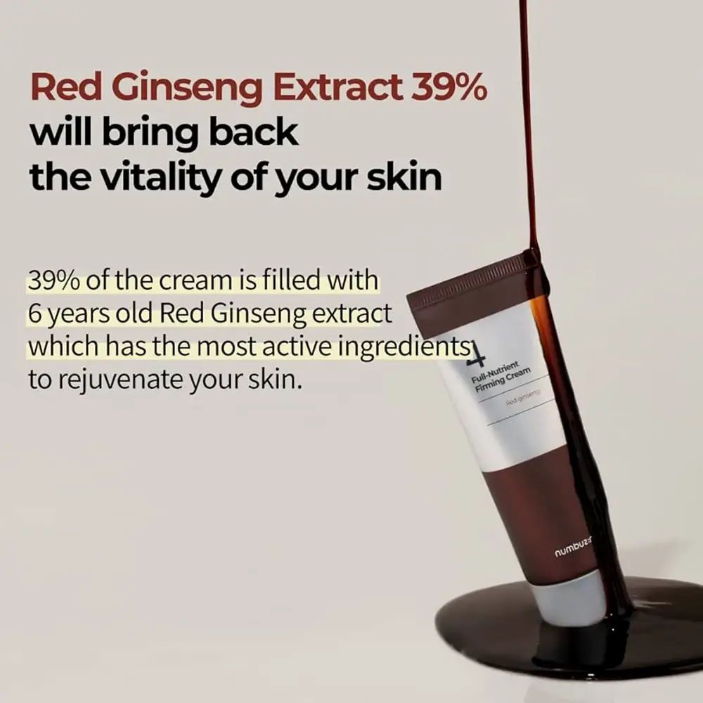 Text: Red Ginseng Extract 39% will bring back the vitality of your skin. Creme-Tube, Marke numbuz:n, in Flüssigkeit.