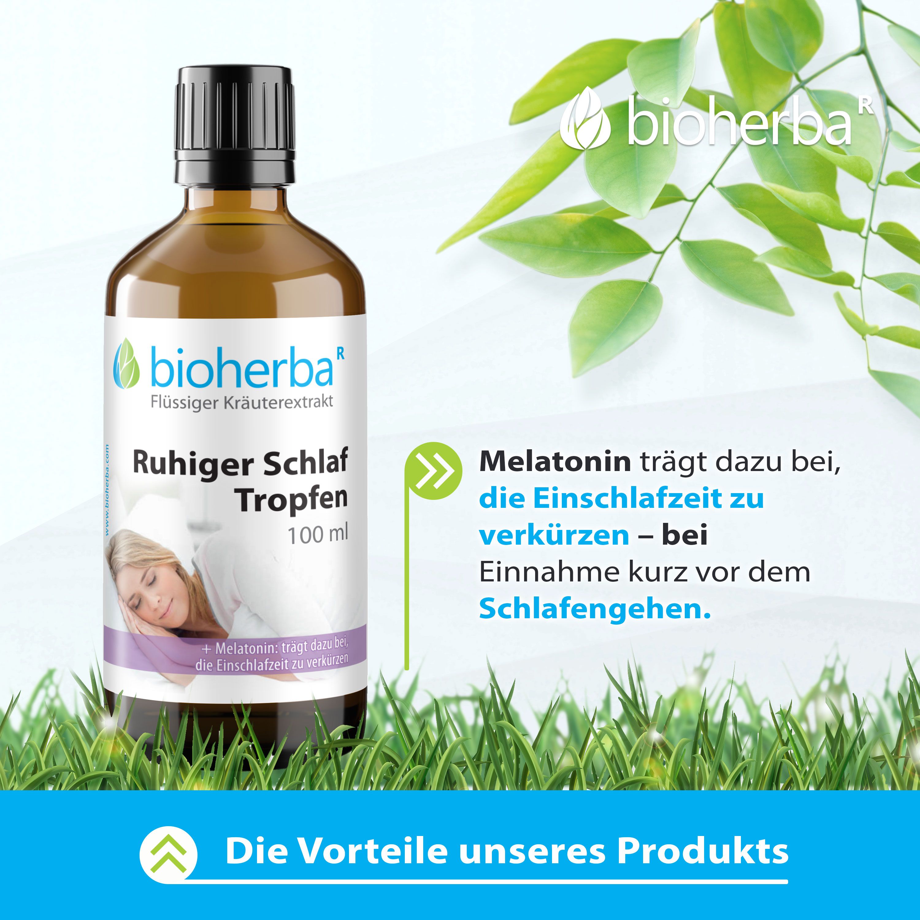 Braune Glasflasche mit schwarzem Deckel. Etikett: Ruhiger Schlaf Tropfen. Melatonin-Hinweis. Grüne Blätter im Hintergrund.
