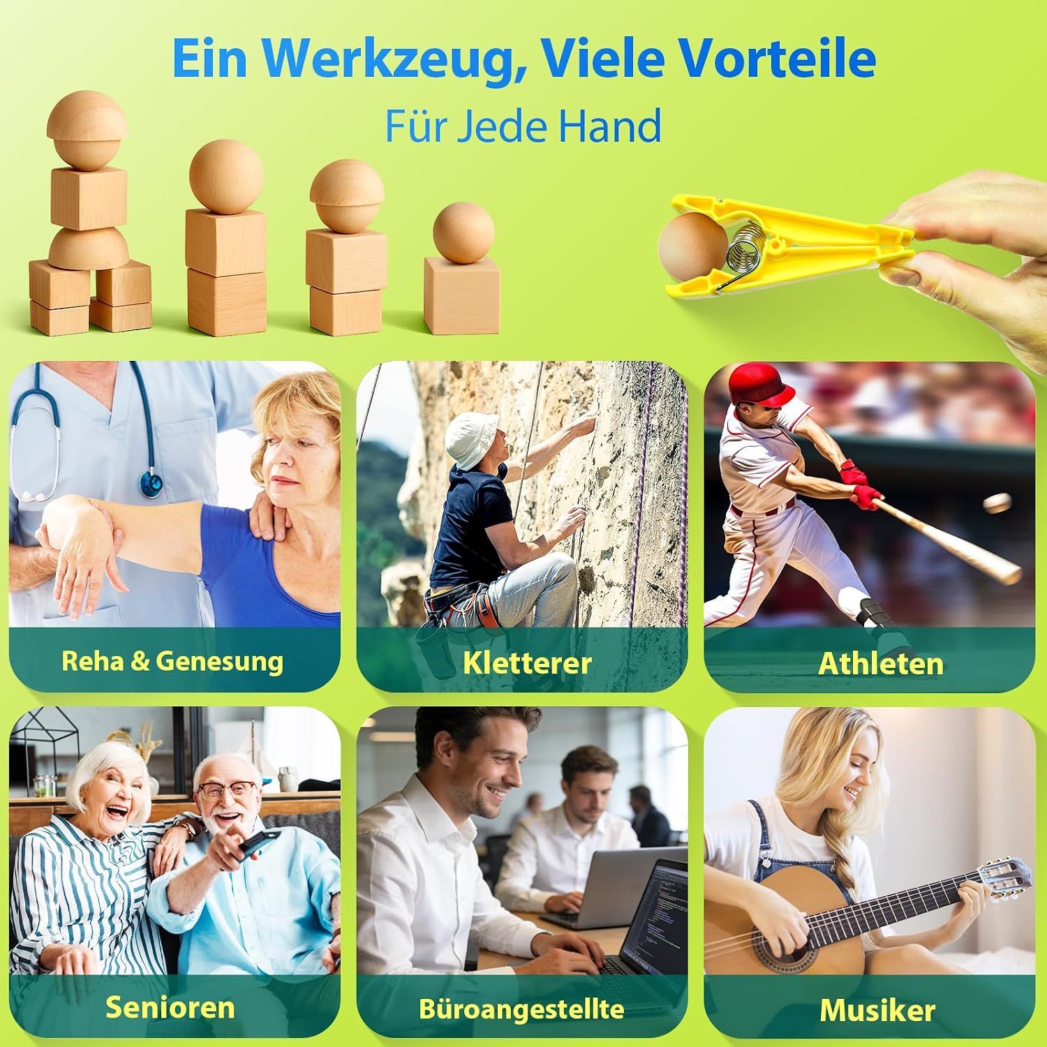 Sechs Bilder von Menschen, die die Klammer benutzen.