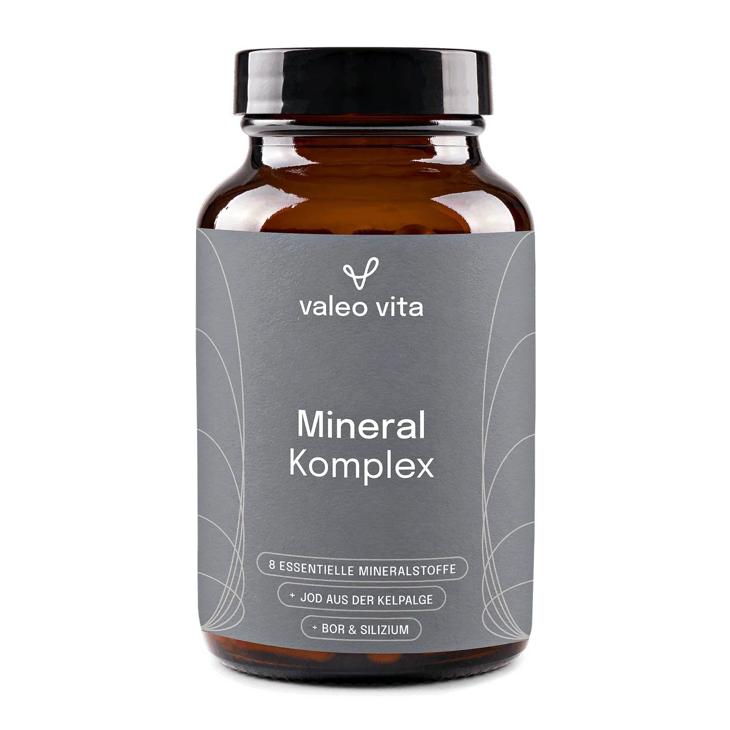 Flasche Valeo Vita Mineral Komplex mit Etikett, das 8 essentielle Mineralstoffe angibt.