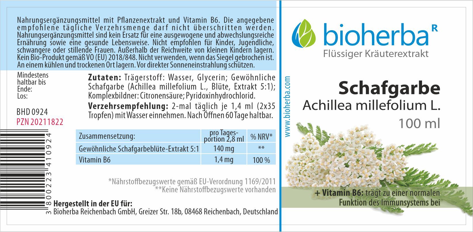 Etikett mit Produktinformationen. Bioherba Schafgarbe Achillea millefolium L. 100 ml. Enthält Vitamin B6.