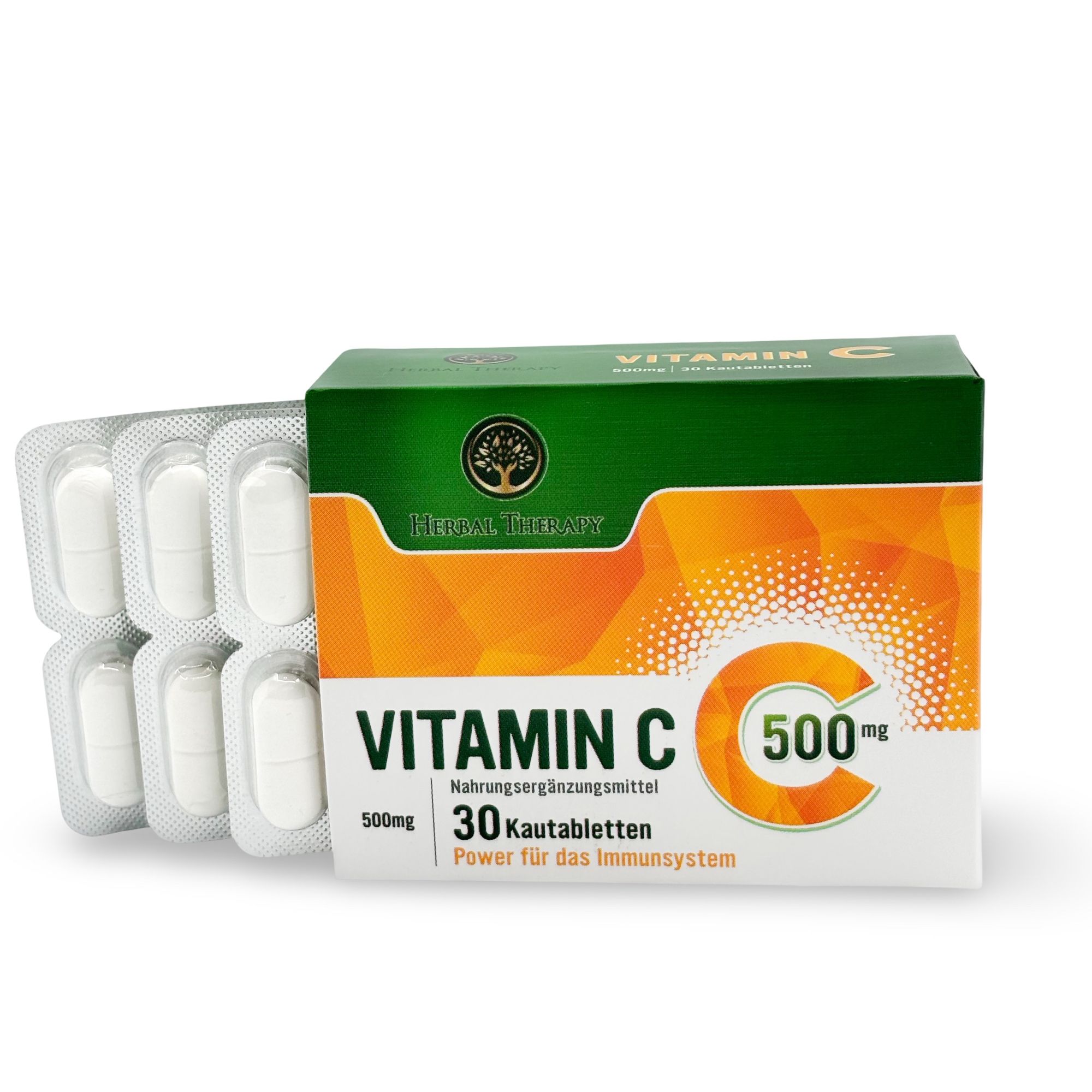 Schachtel mit Vitamin C 500 mg und Tablettenblistern. Orange-weißes Design. Tabletten in Blisterpackungen.