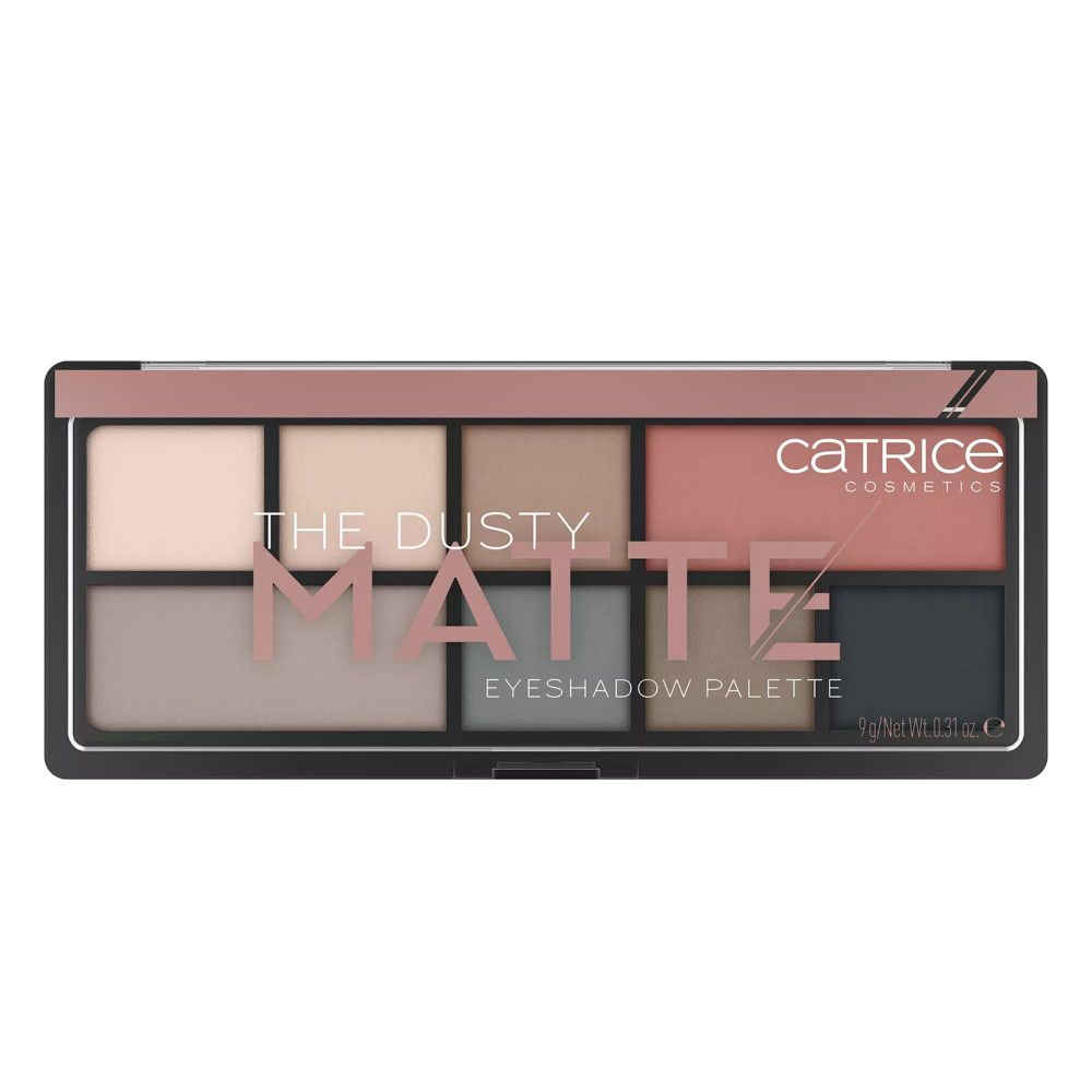 Lidschattenpalette mit 8 matten Farbtönen. Schwarzer Rahmen, transparente Abdeckung. Aufschrift: THE DUSTY MATTE.