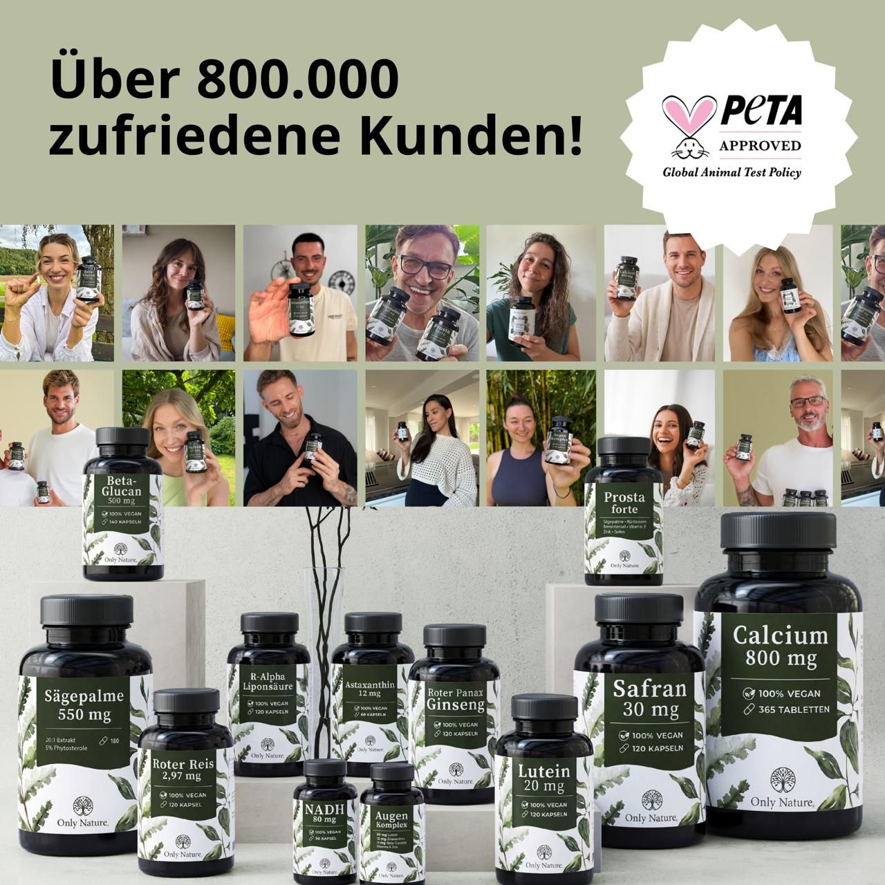 Collage mit zufriedenen Kunden und verschiedenen Only Nature Produkten, darunter NADH Kapseln.