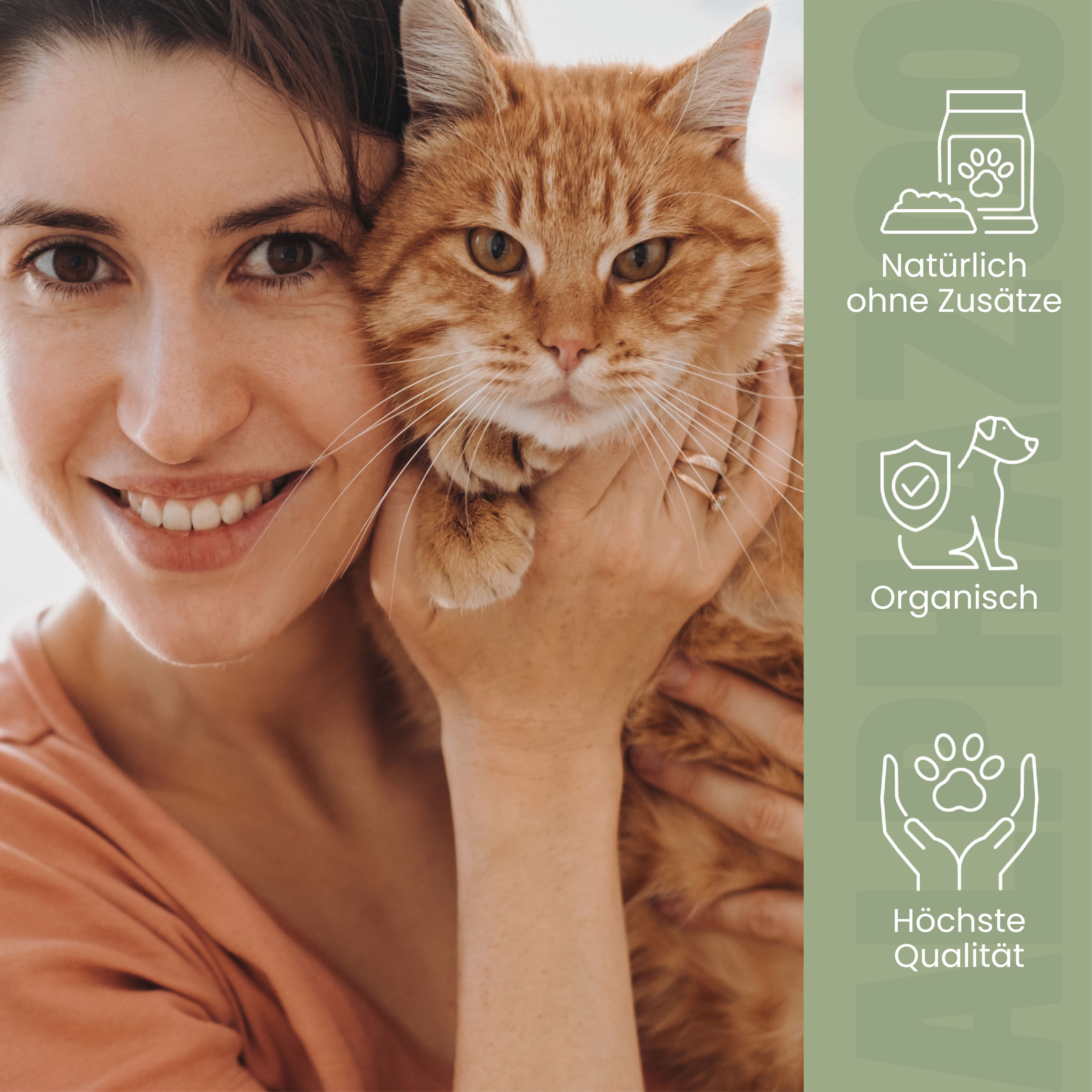 Lächelnde Frau hält eine orangefarbene Katze. Symbole: Natürlich, Organisch, Höchste Qualität.