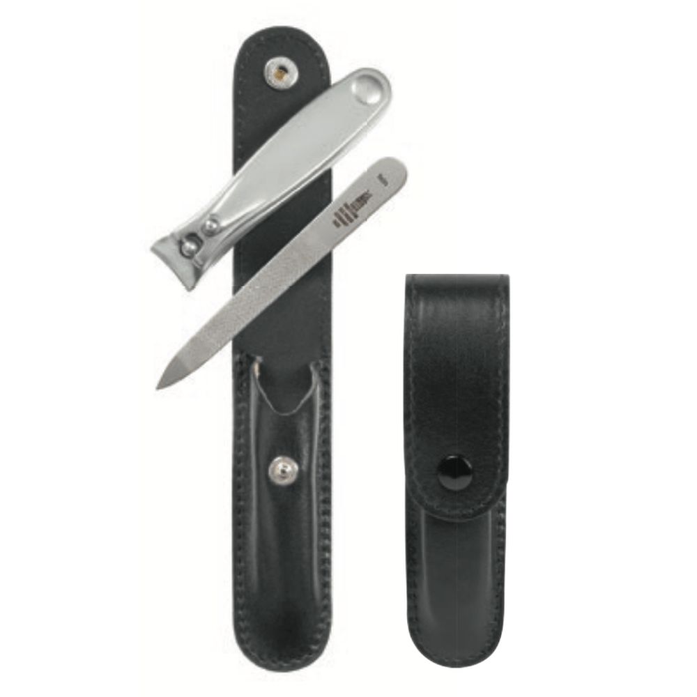 Nagelknipser-Set mit Etui. Enthält Nagelschere, Nagelfeile und zwei schwarze Lederetuis. Metallteile glänzend.