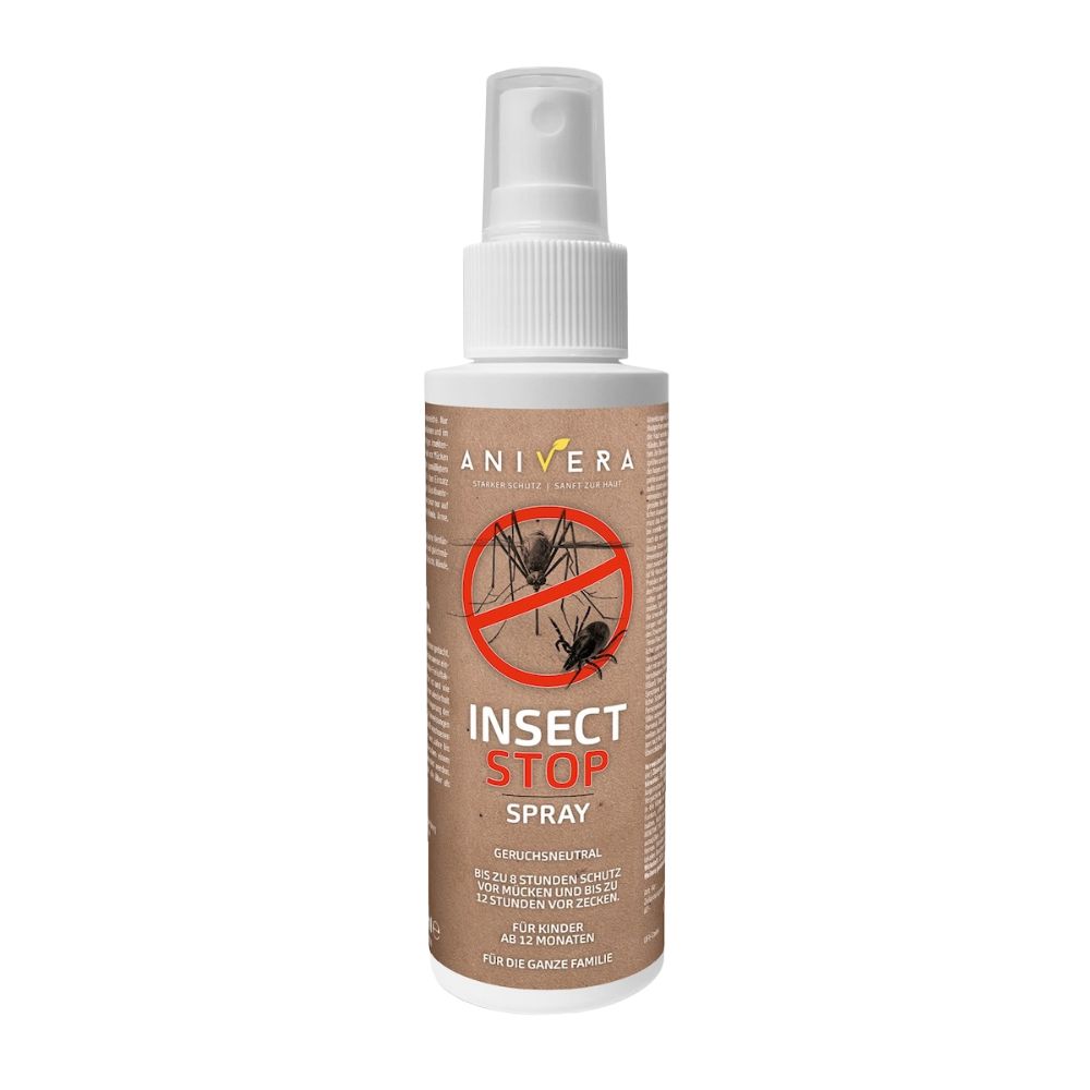 ANIVERA Insektenschutz Spray mit Abwehrsymbolen von Mücken und Zecken.