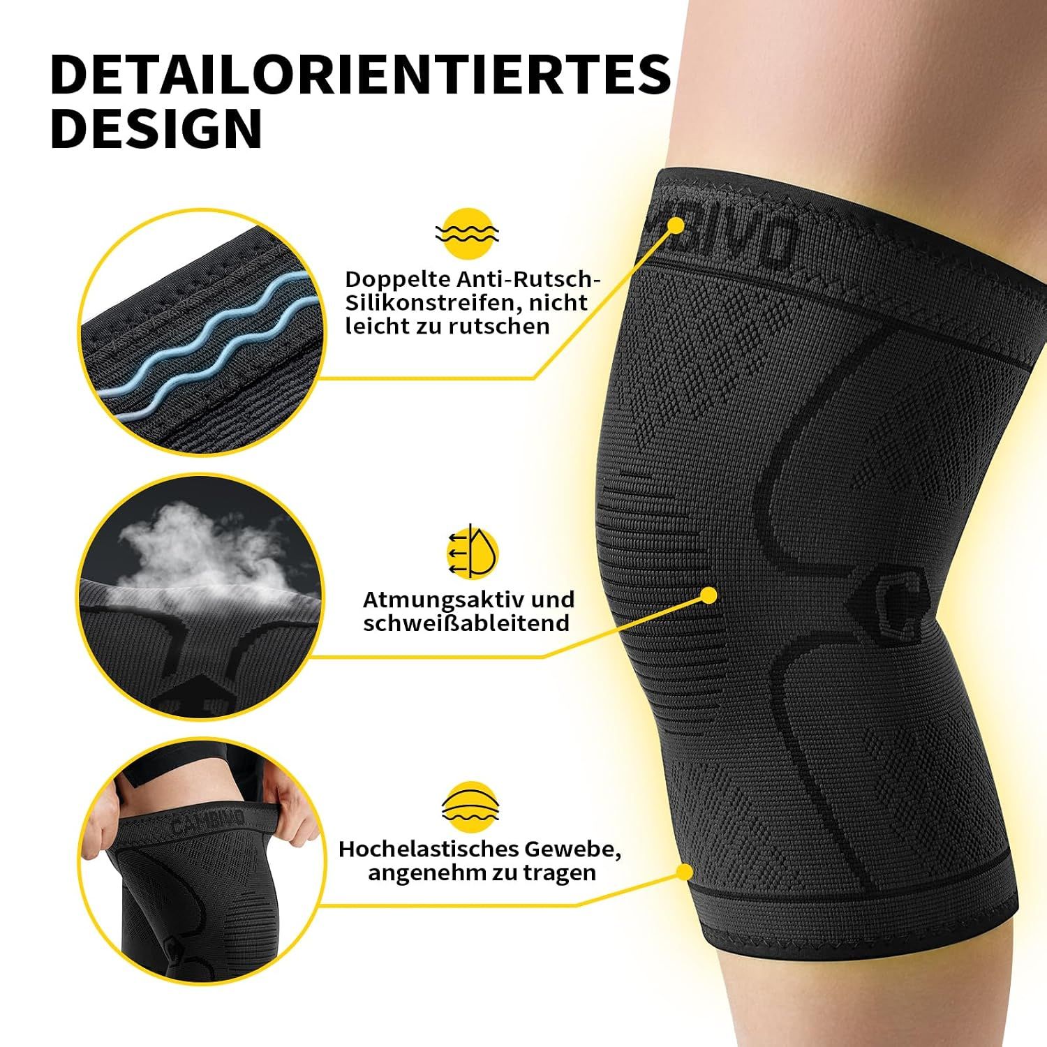 Detailaufnahme einer Kniebandage mit Erklärungen zu Material und Funktion.