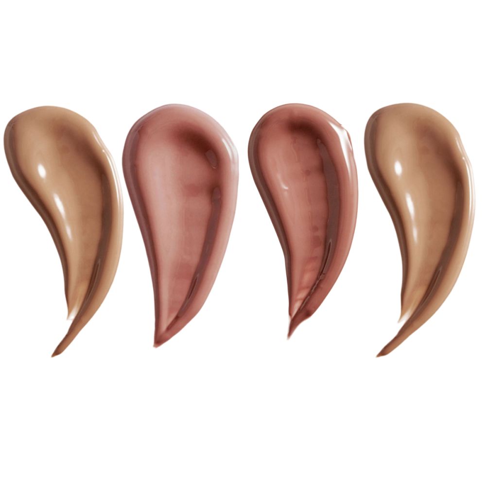 Vier Gloss-Swatches in Braun- und Rosatönen. Glänzende Textur, wellenförmige Form. Auf weißem Hintergrund.