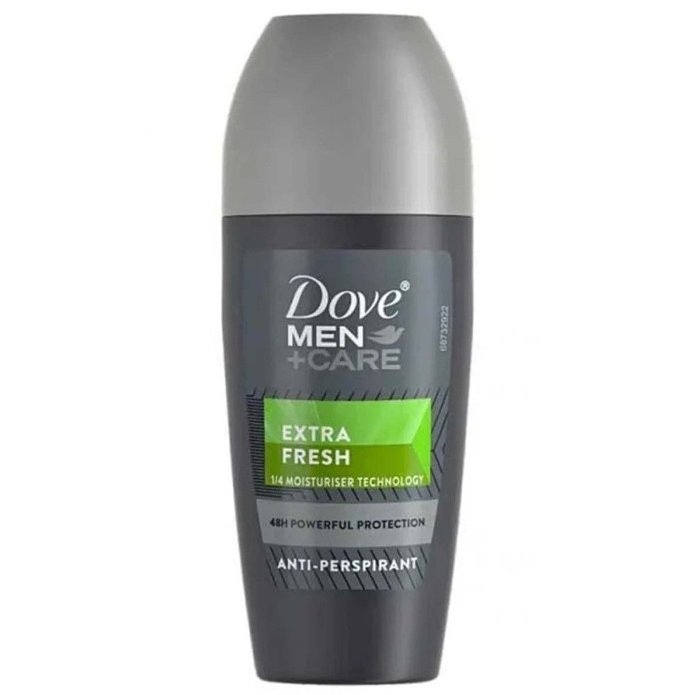 Deo-Roller mit grauer Kappe. Schwarze Flasche mit Dove Men+Care, Extra Fresh, 48h Schutz und Anti-Transpirant-Aufdruck.