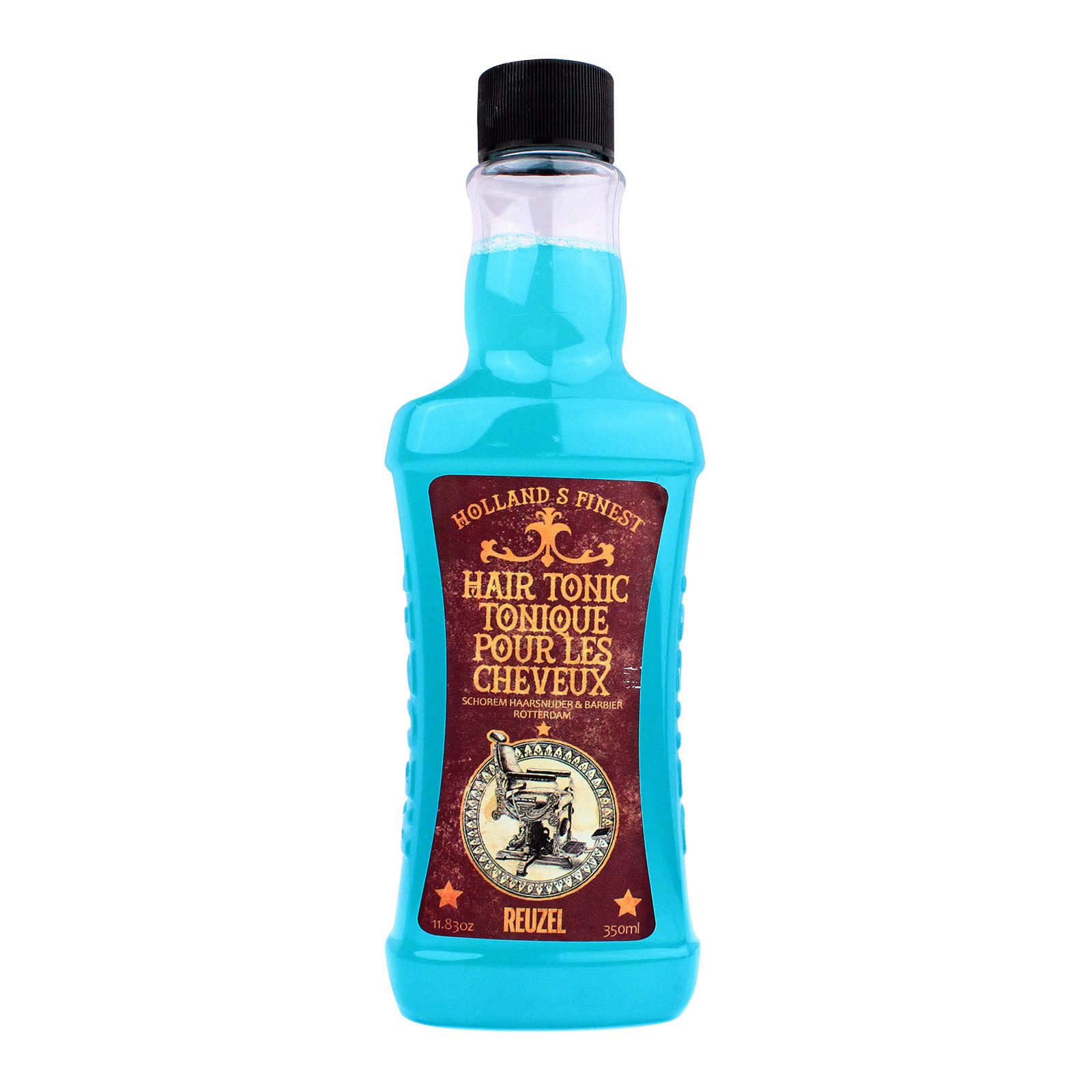 Reuzel Hair Tonic Flasche mit blauem Inhalt und Etikett, das einen Friseurstuhl zeigt.