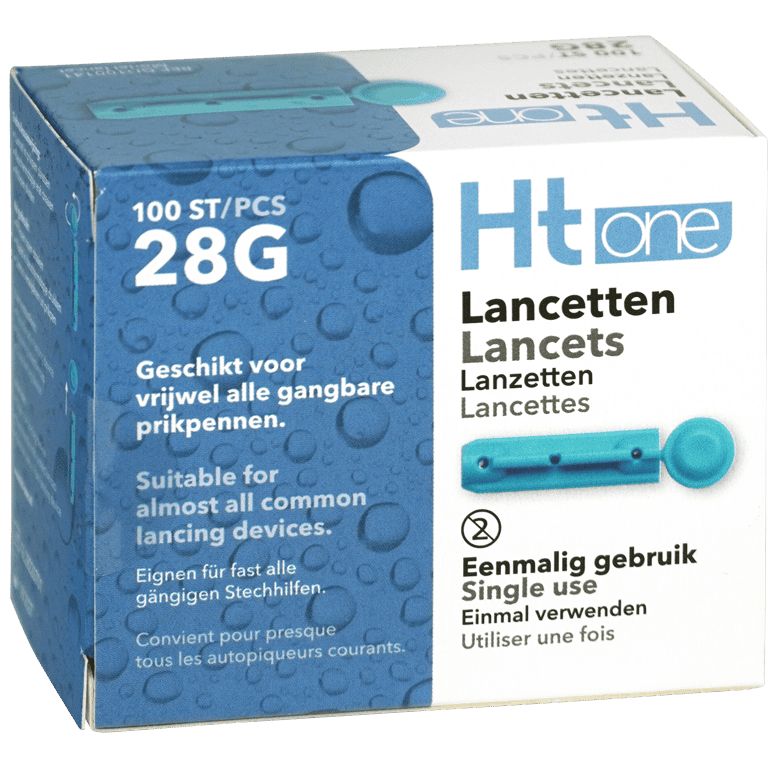Verpackung mit 100 Stück Ht one 28G Lanzetten. Geeignet für fast alle gängigen Stechhilfen.