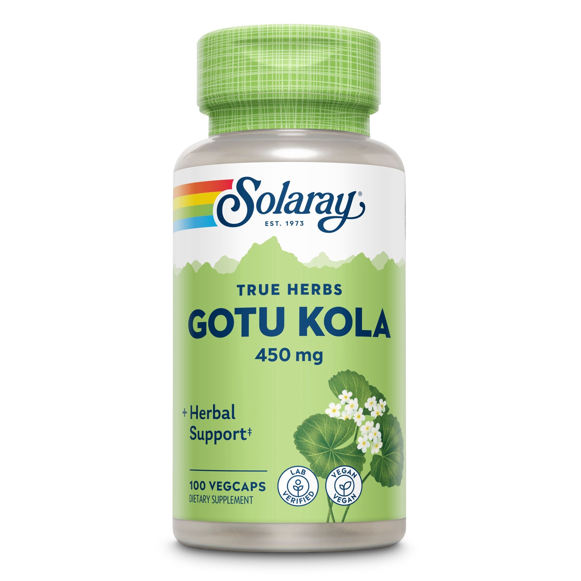 Solaray Gotu Kola Flasche. Aufschrift: True Herbs, 450 mg, 100 Vegcaps. Mit Logo, vegan und Labor-zertifiziert.