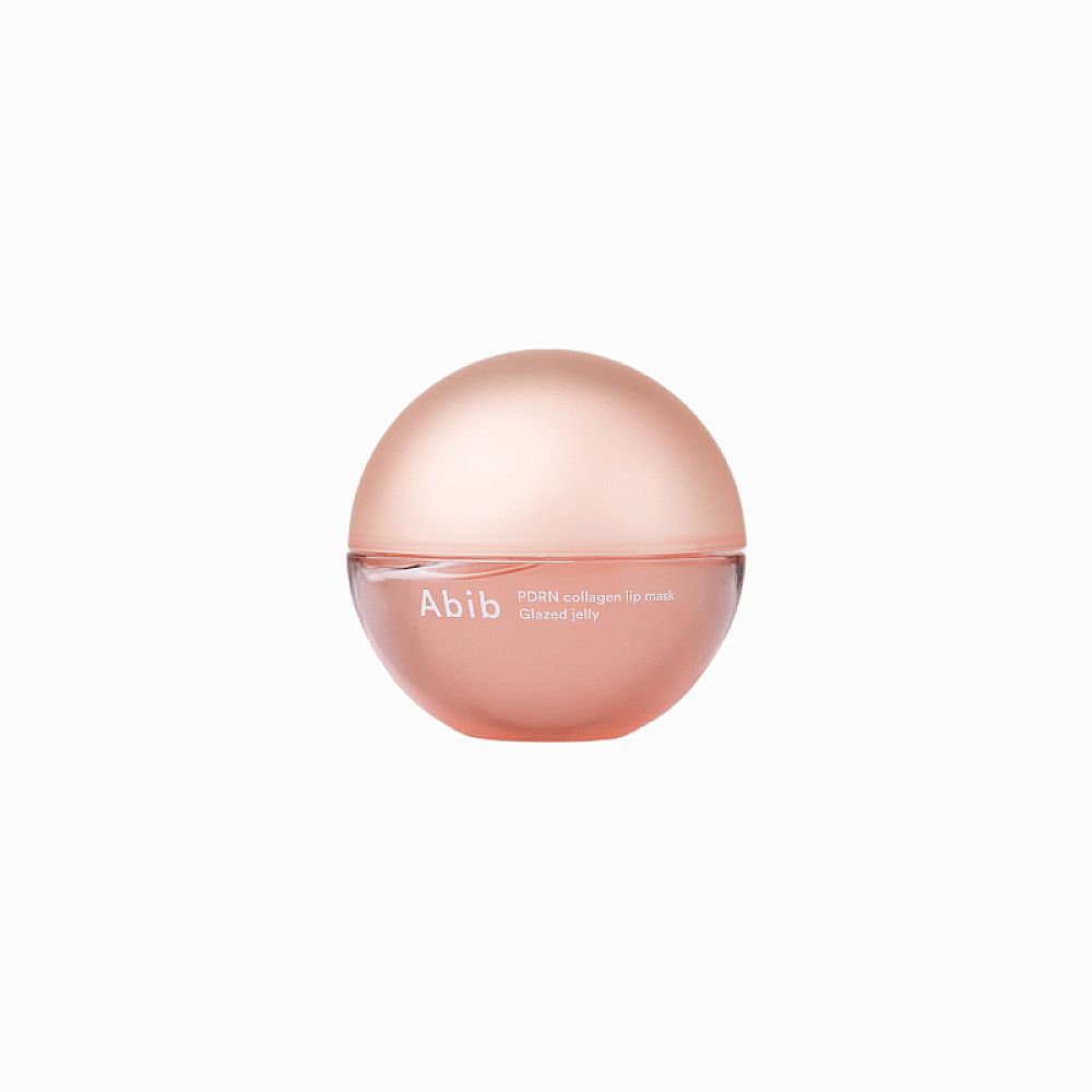 Abib PDRN Collagen Lippenmaske Glazed Jelly in runder, transparenter Dose mit rosa Deckel.