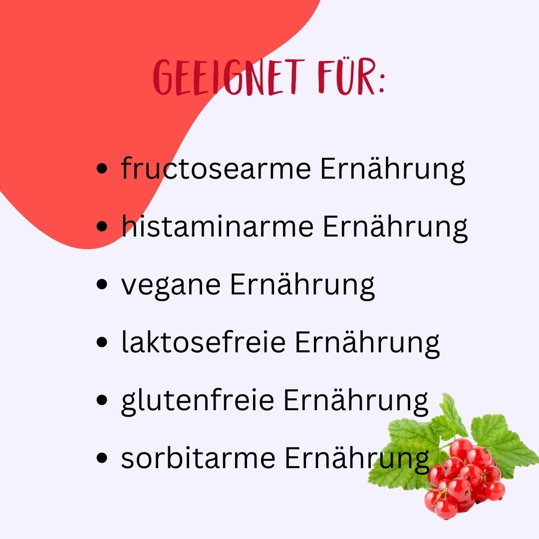 Liste: fructosearme, histaminarme, vegane, laktosefreie, glutenfreie und sorbitarme Ernährung. Rote Johannisbeeren.