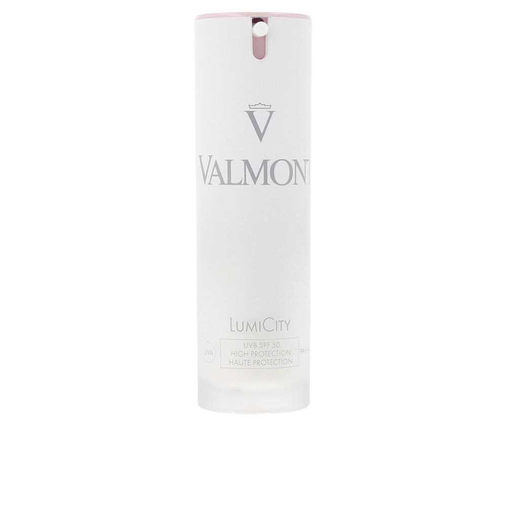 Weißes Valmont Luminosity Lumicity SPF50 Produkt. Rosa Akzente. Text: Valmont, LumiCity, SPF 50.