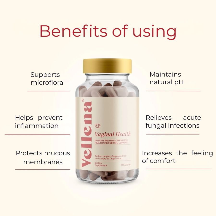 Glasflasche mit Kapseln. Aufschrift: Vellena Vaginal Health. Vorteile: Unterstützung der Mikroflora, pH-Wert-Erhaltung, Entzündungshemmung, Komfort.