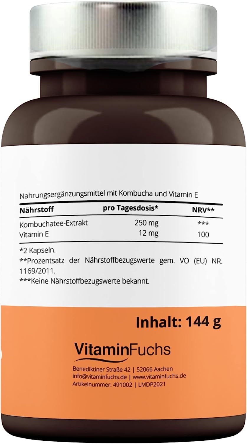 Braune Flasche mit Kombucha Kapseln. Aufkleber mit Nährwertangaben und VitaminFuchs-Logo. Inhalt: 144 g.
