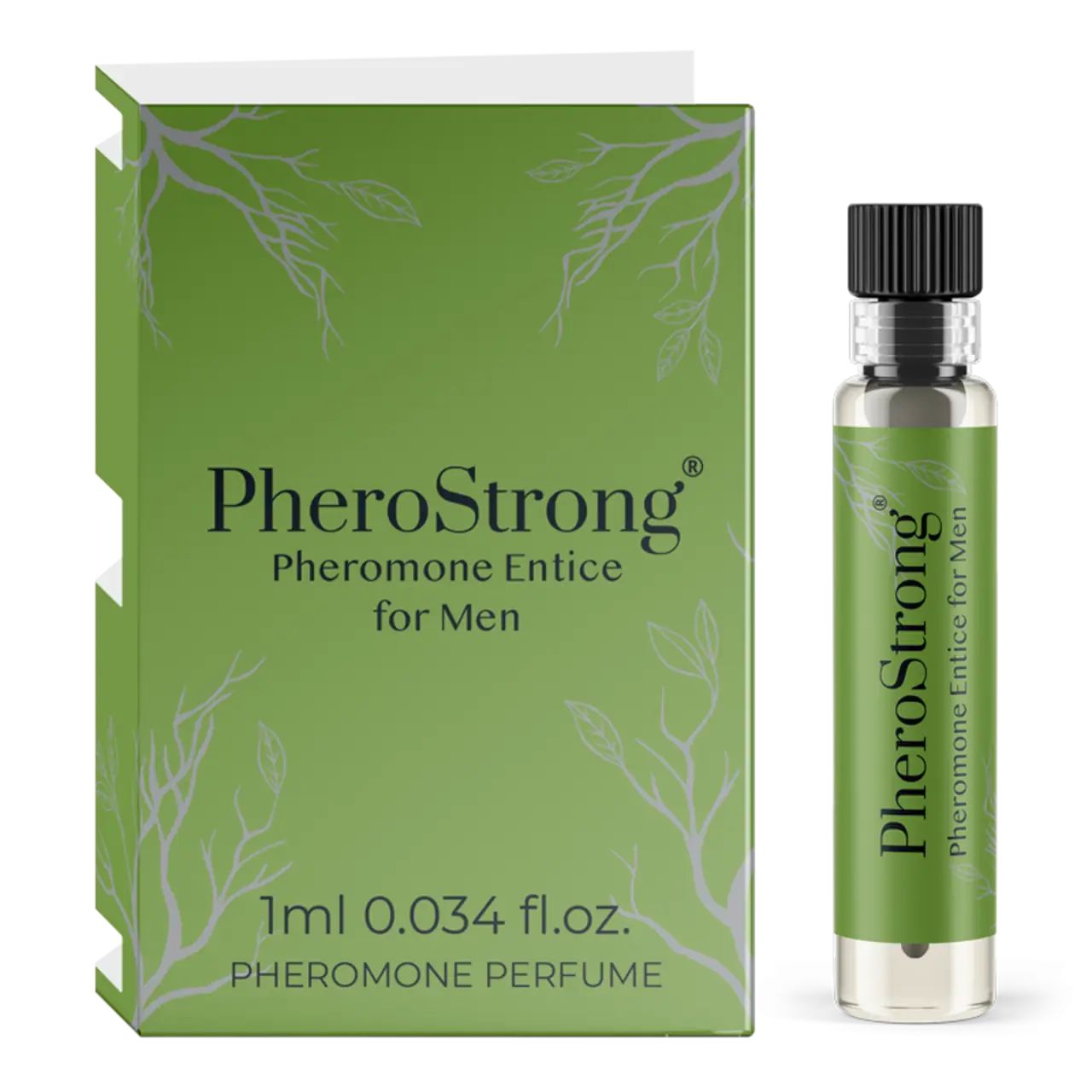 Grüne Schachtel und Flakon. Aufschrift: PheroStrong Pheromone Entice für Männer. Flakon mit schwarzem Verschluss.