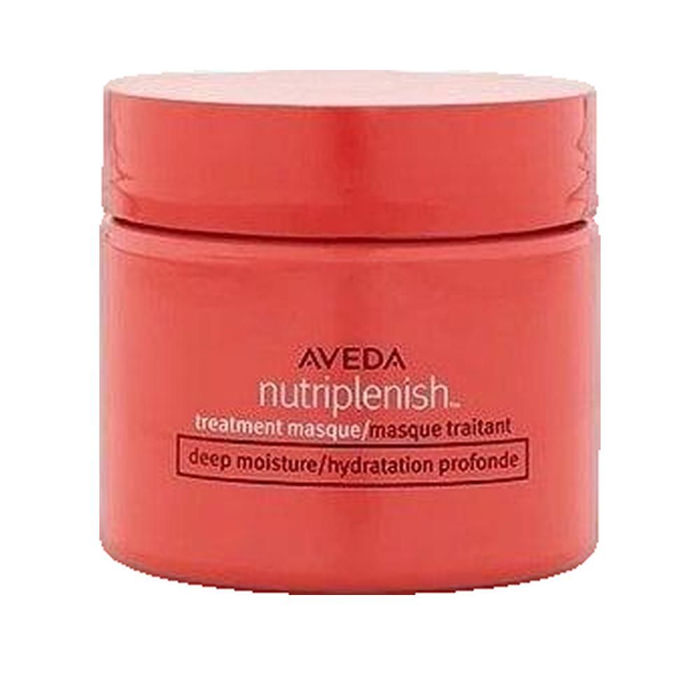Runde, rote Dose mit Deckel. Aufschrift: Aveda nutriplenish, treatment masque, deep moisture. Weißer Hintergrund.