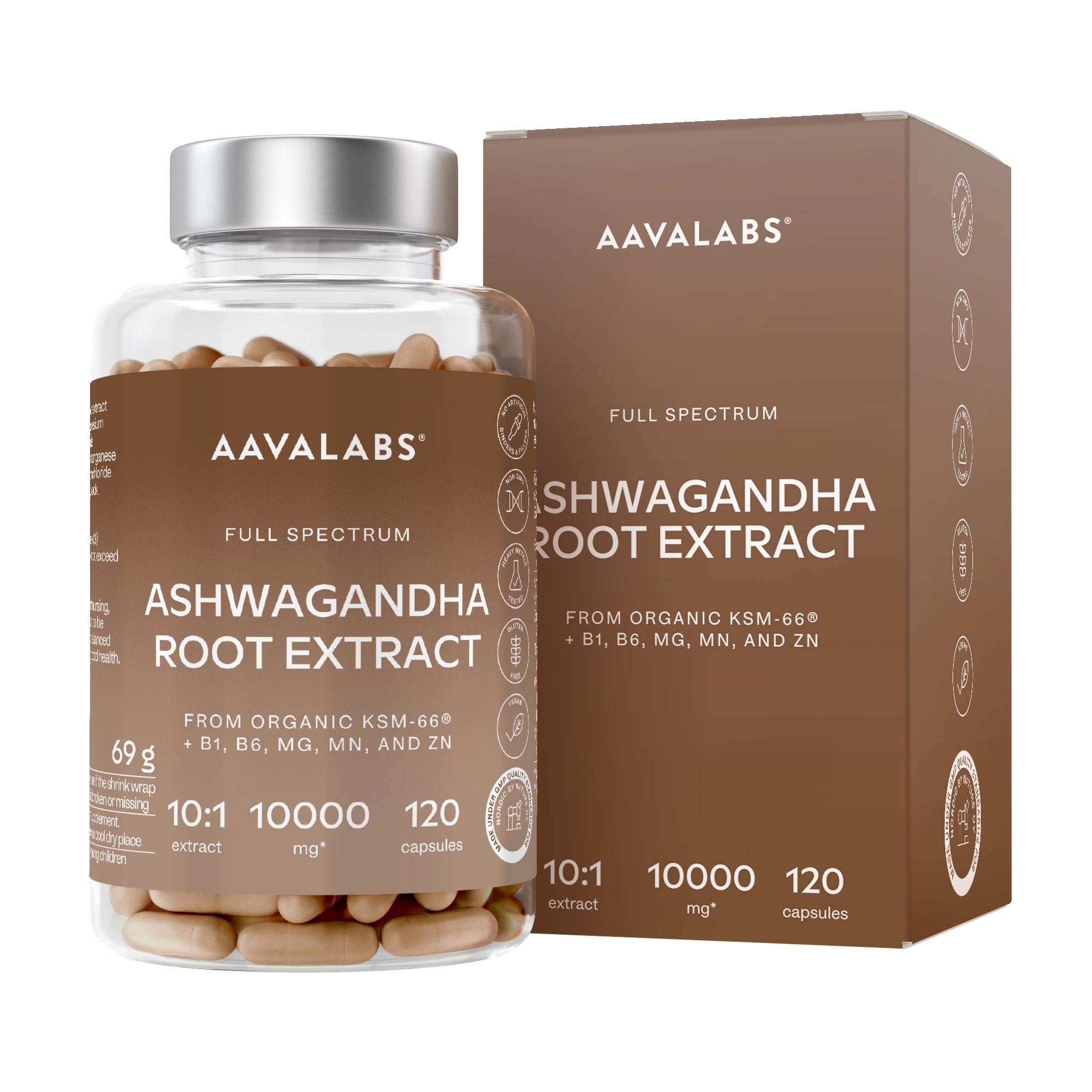 Aavalabs Ashwagandha KSM 66 Flasche und Karton.