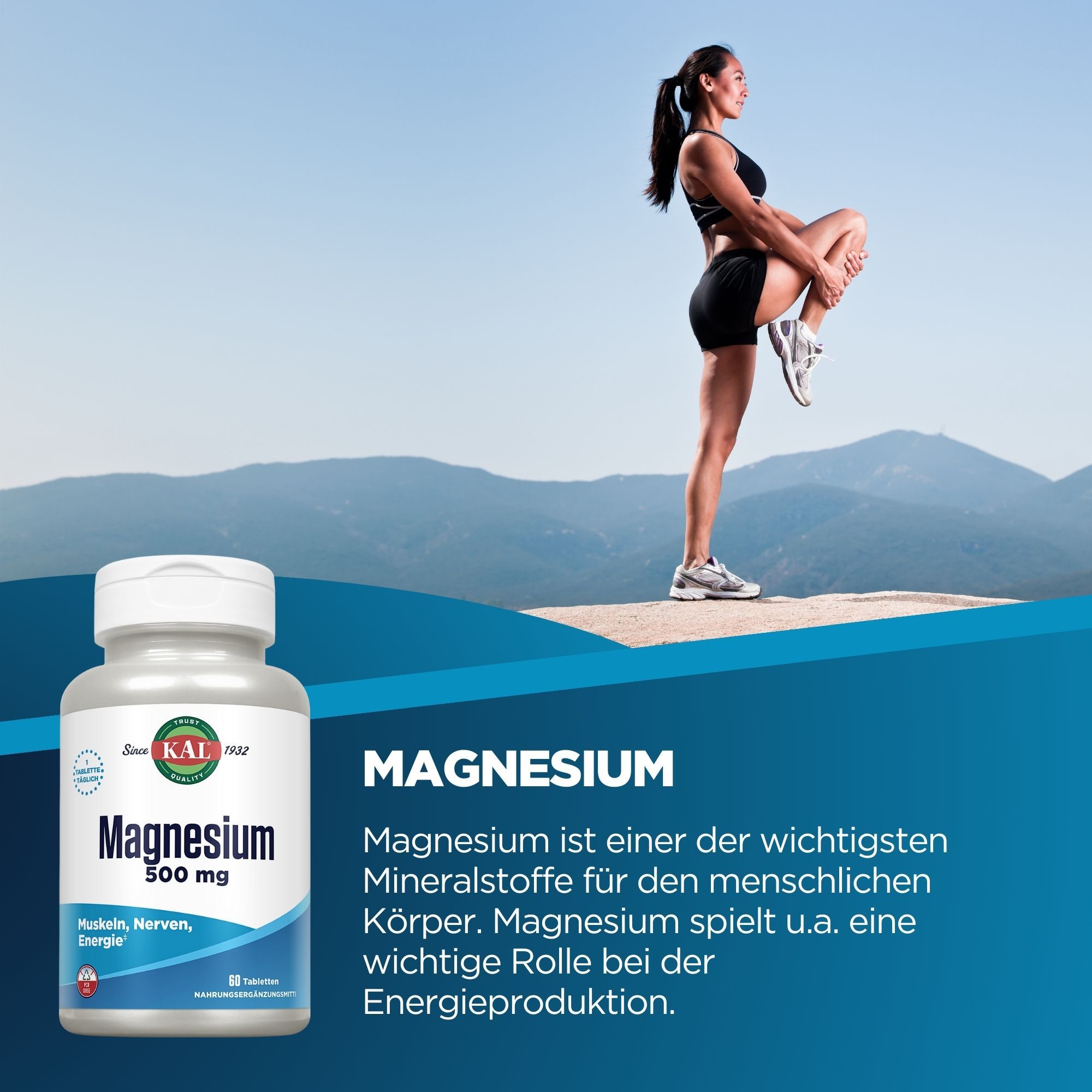 Eine Flasche mit Tabletten. Aufschrift: Magnesium 500 mg. Eine Frau dehnt sich im Hintergrund. Text: Magnesium ist ein wichtiger Mineralstoff.