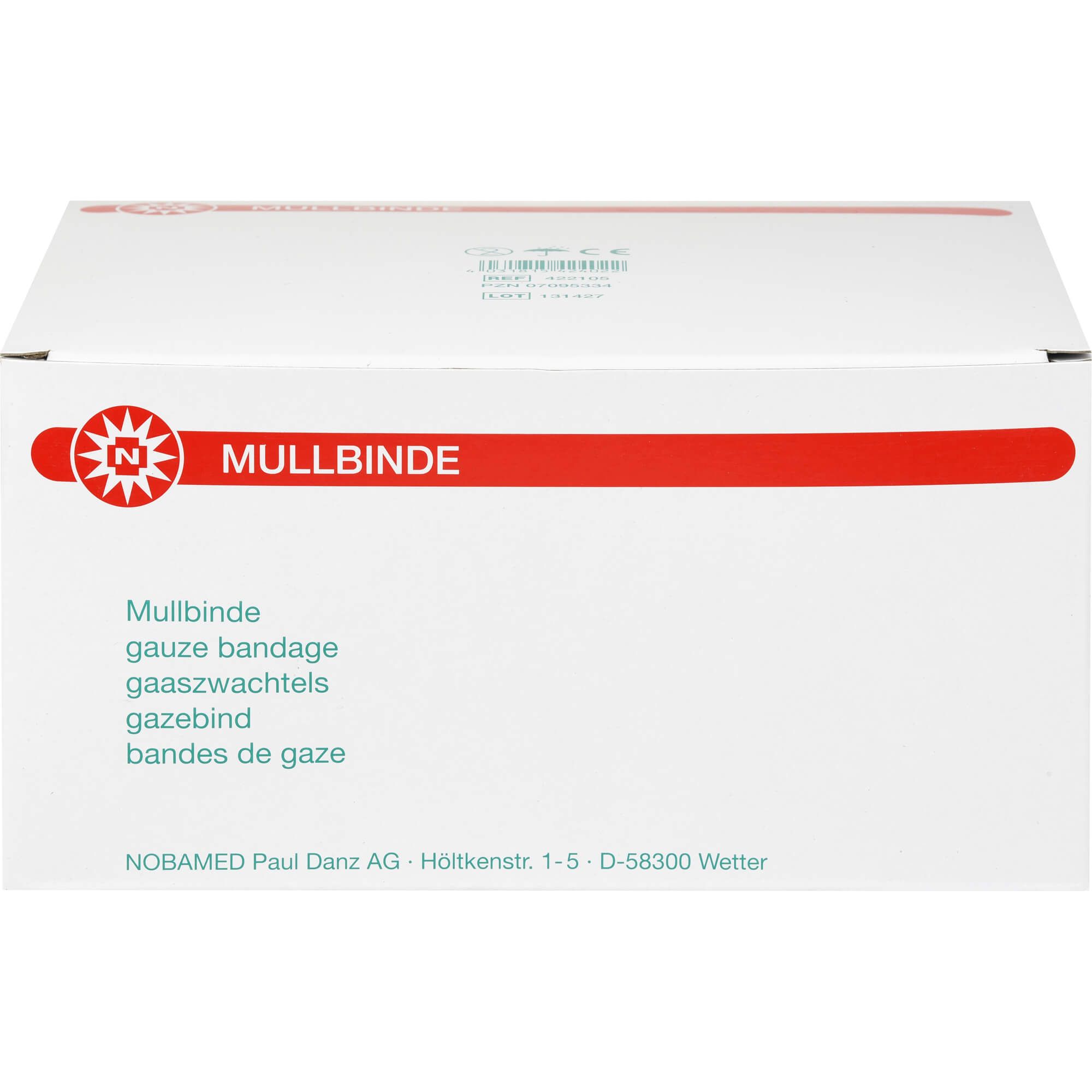 Weiße Verpackung mit roter Aufschrift "Mullbinde". Text in Deutsch, Englisch, Niederländisch und Französisch. Logo mit Stern.