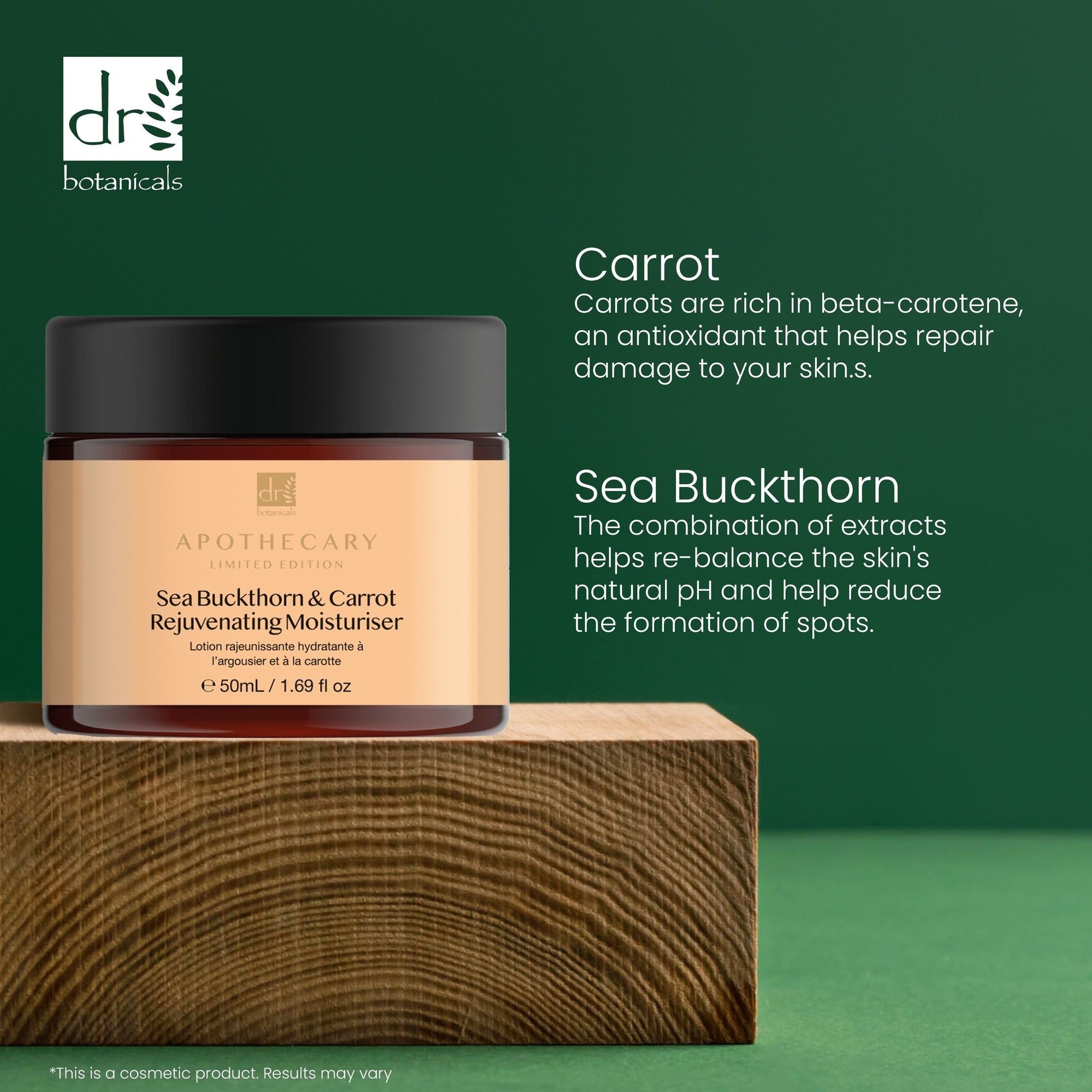 Creme-Dose auf Holzblock. Aufschrift: Sea Buckthorn & Carrot Rejuvenating Moisturiser. Apothecary Limited Edition. Text über Inhaltsstoffe: Karotte, Sanddorn.