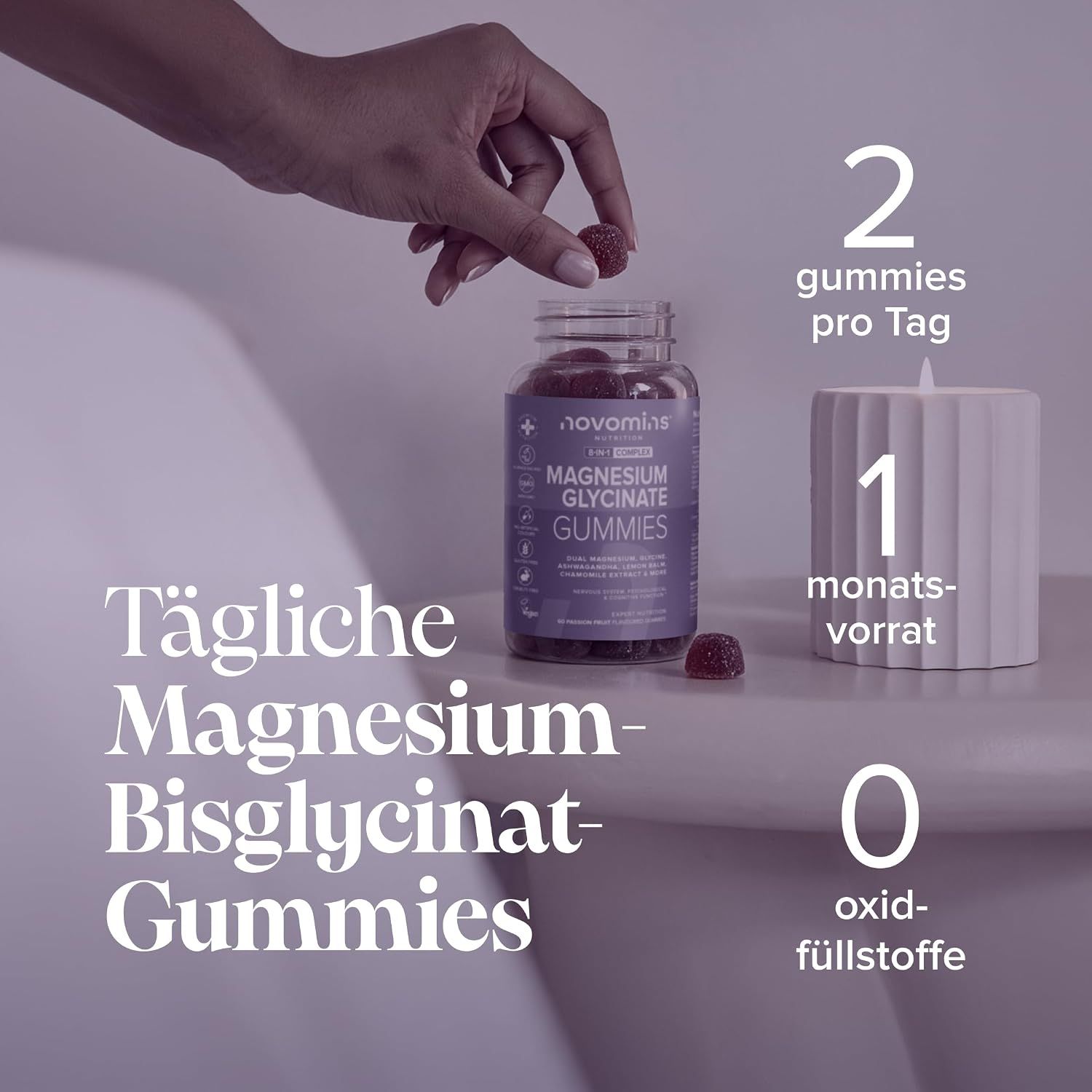 Flasche mit Novomins Magnesium Glycinat Gummies, 60 Stück mit Maracujageschmack. 8-in-1 Komplex.