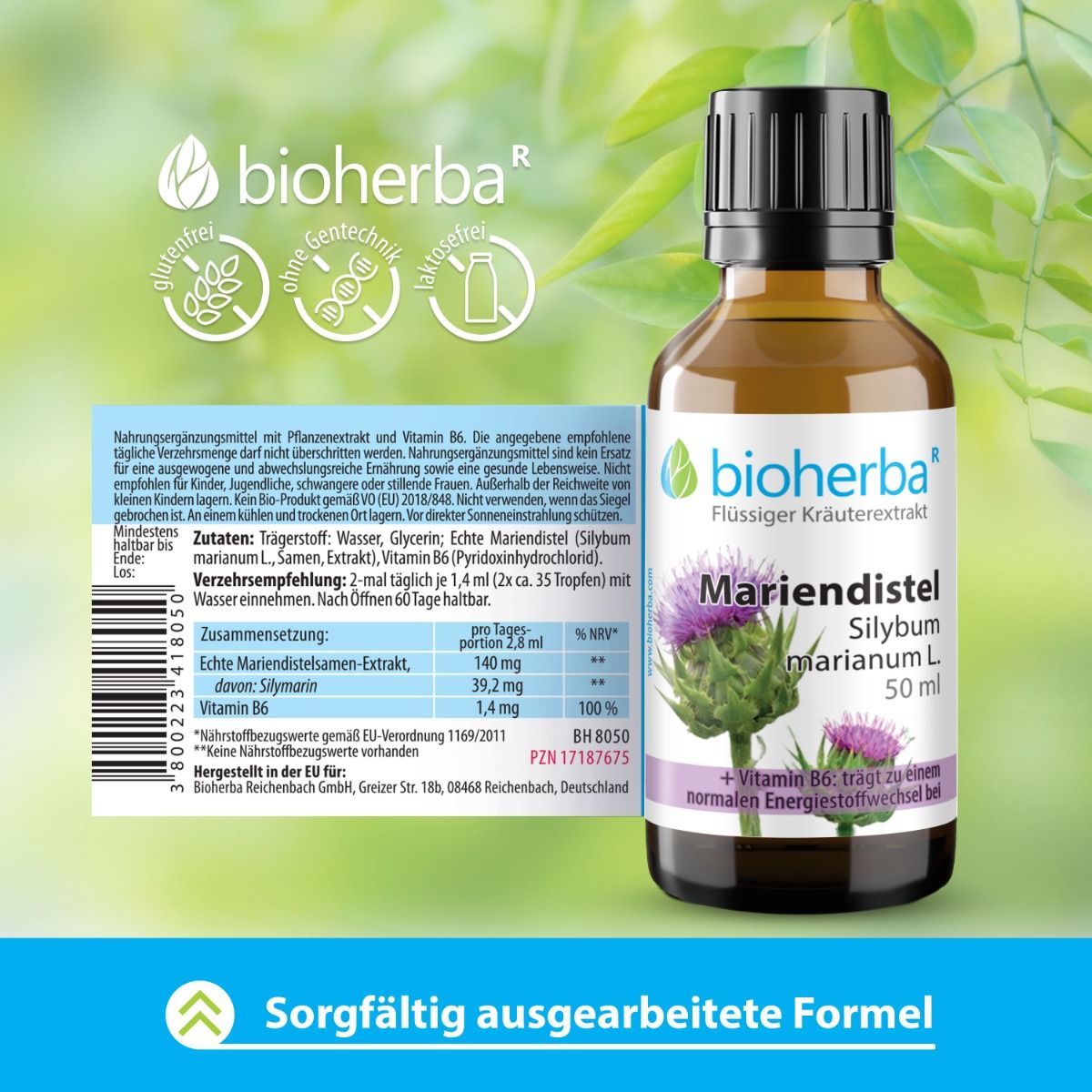 Flasche mit Mariendistel-Extrakt und Text. Text: Mariendistel, Silybum marianum L., 50 ml. Zusammensetzung und Nährwertangaben.