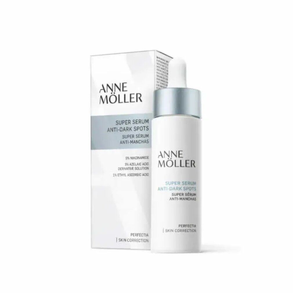 Serumflasche und Schachtel. Flasche weiß mit silbernem Deckel. Schachtel weiß mit Beschriftung: Anne Möller, Super Serum Anti-Dark Spots.