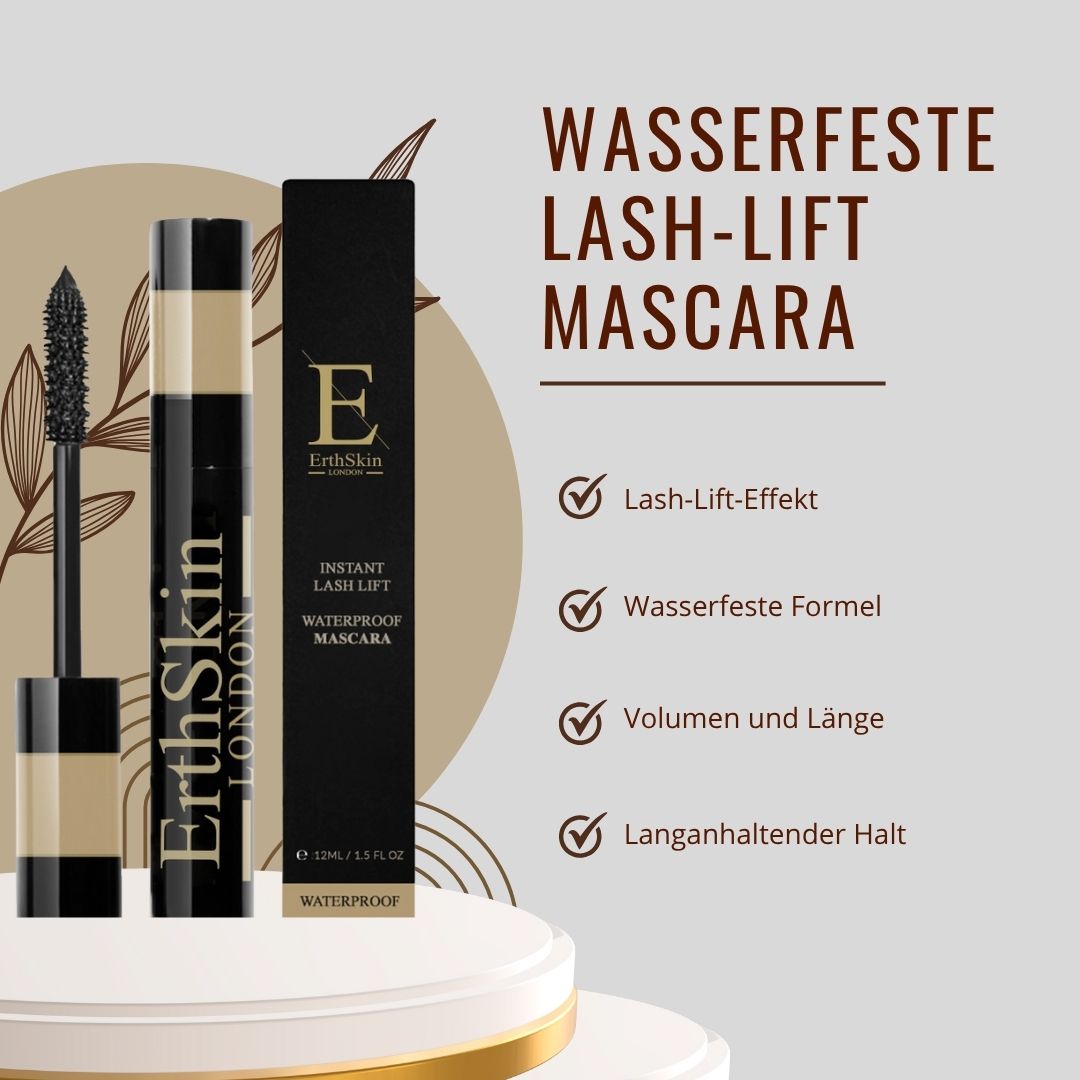 Schwarze Mascara-Tube und -Bürste, daneben eine schwarze Schachtel. Auf der Tube steht "ErthSkin London".