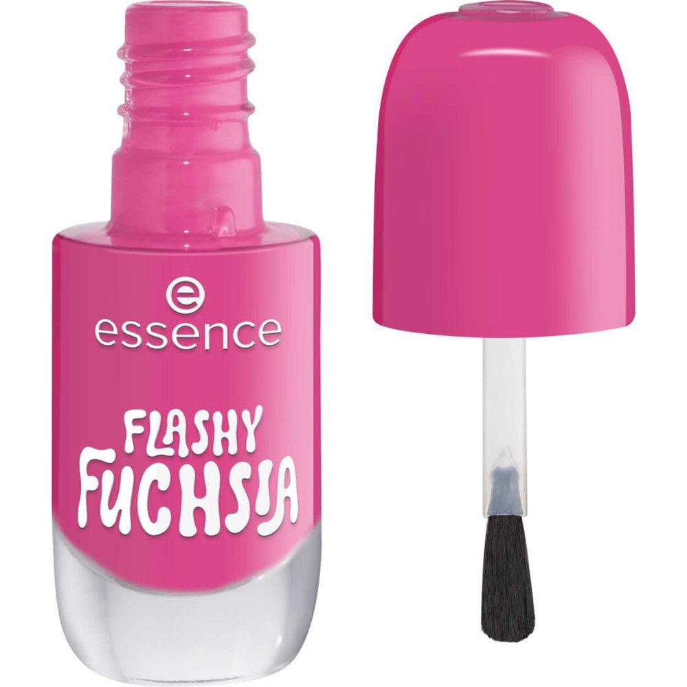 Nagellackflasche, pinkfarben, mit geöffnetem Deckel und Pinsel. Aufschrift "Flashy Fuchsia" und "essence".