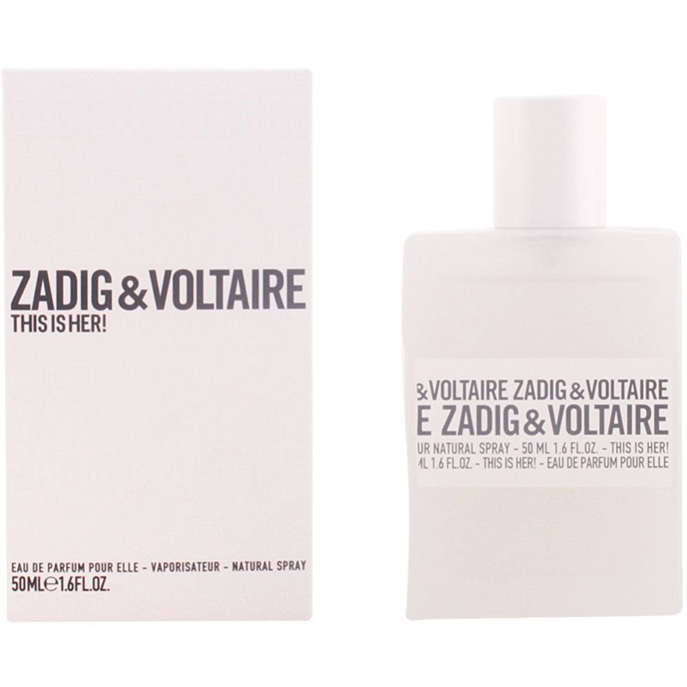 Weißer Flakon und Verpackung. Aufschrift: Zadig & Voltaire, This is Her! Text: Eau de Parfum pour elle, 50ml.