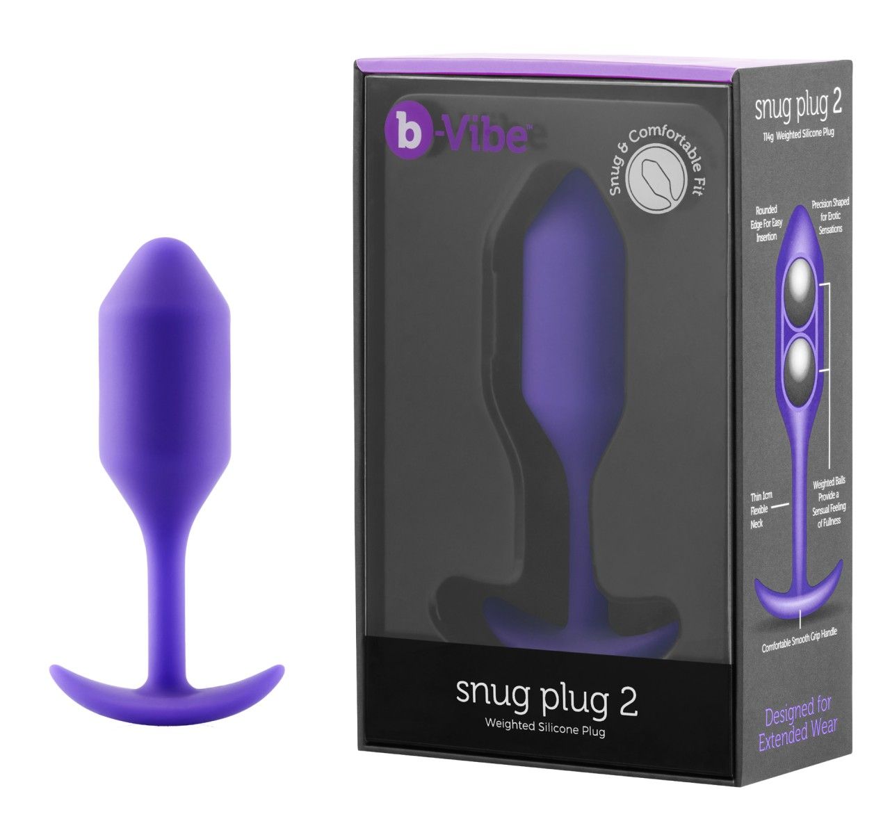 Lila Analplug neben Verpackung. Verpackung mit Produktabbildung und Produktname 'snug plug 2'.