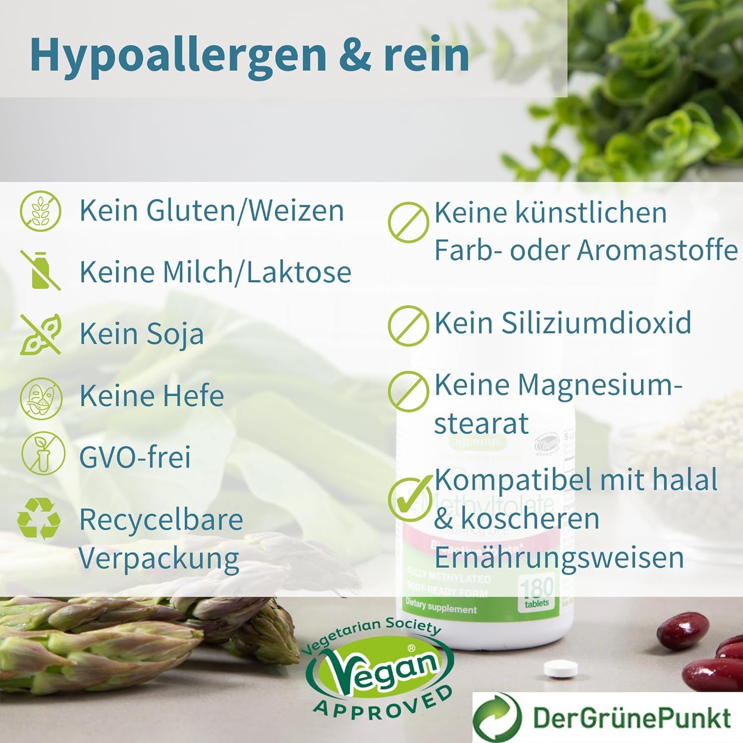 Eine weiße Flasche "Pure L-Methylfolate" von Igennus, mit dem Label "Vegan Approved". Der Text zeigt, dass das Produkt glutenfrei, laktosefrei, sojafrei, hefefrei, GVO-frei ist und keine künstlichen Farb- oder Aromastoffe enthält.